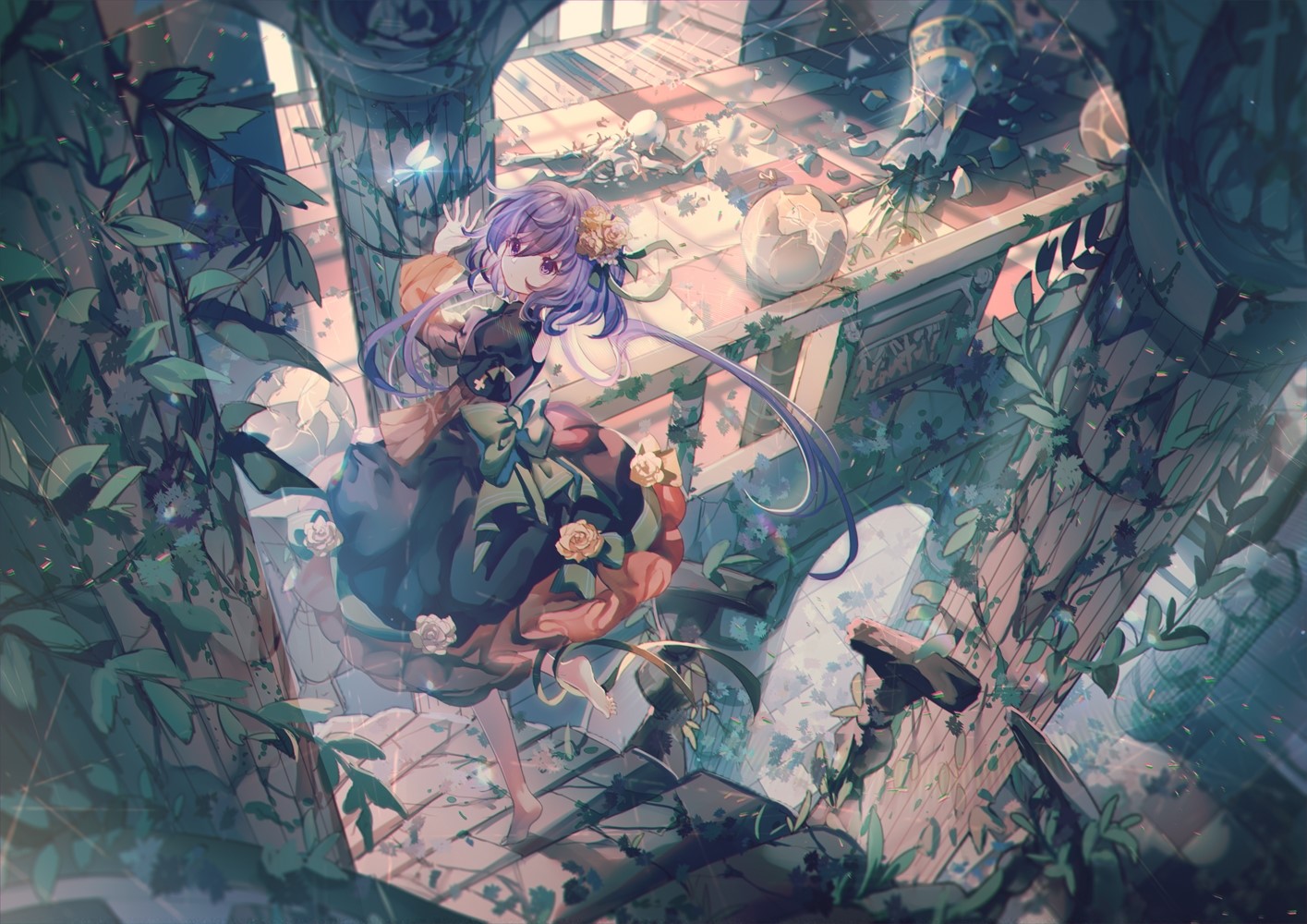 anime, anime girls, digital art, artwork, portrait, short hair, purple hair, purple eyes, flowers, plants, dress, palace, HD Wallpaper
