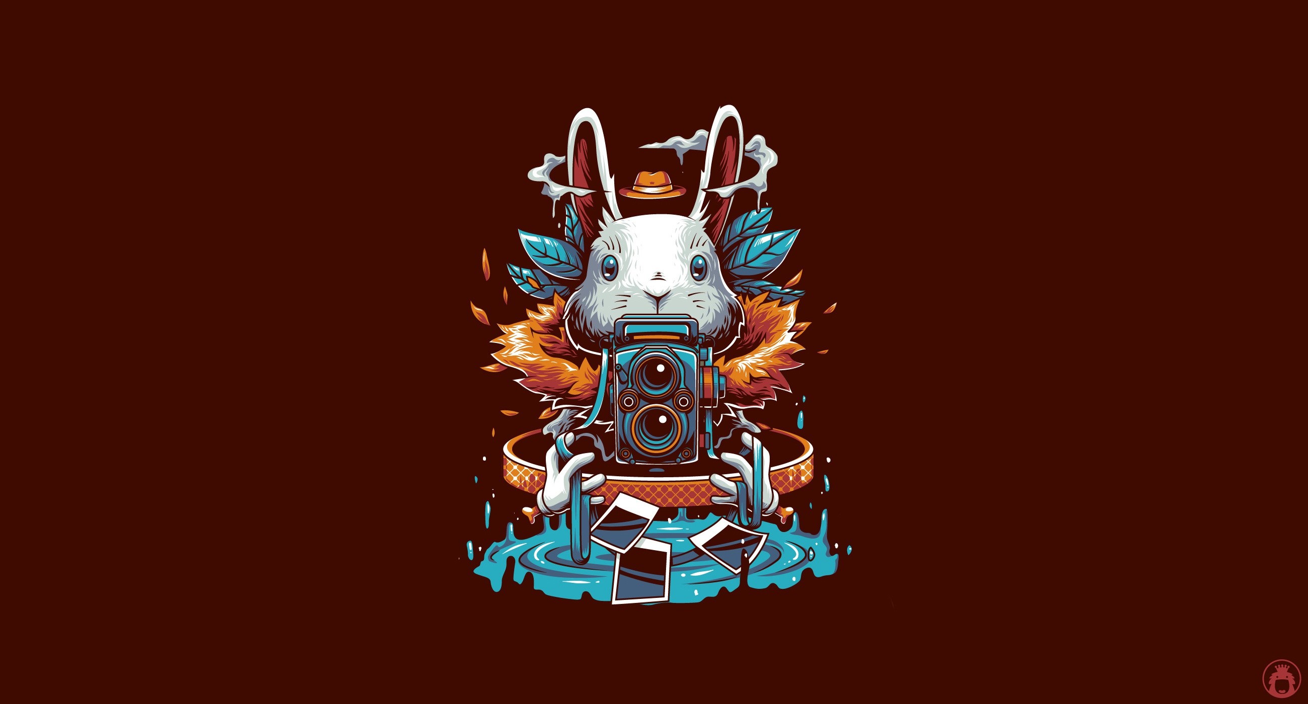 artwork, red background, simple background, rabbits, camera, HD Wallpaper