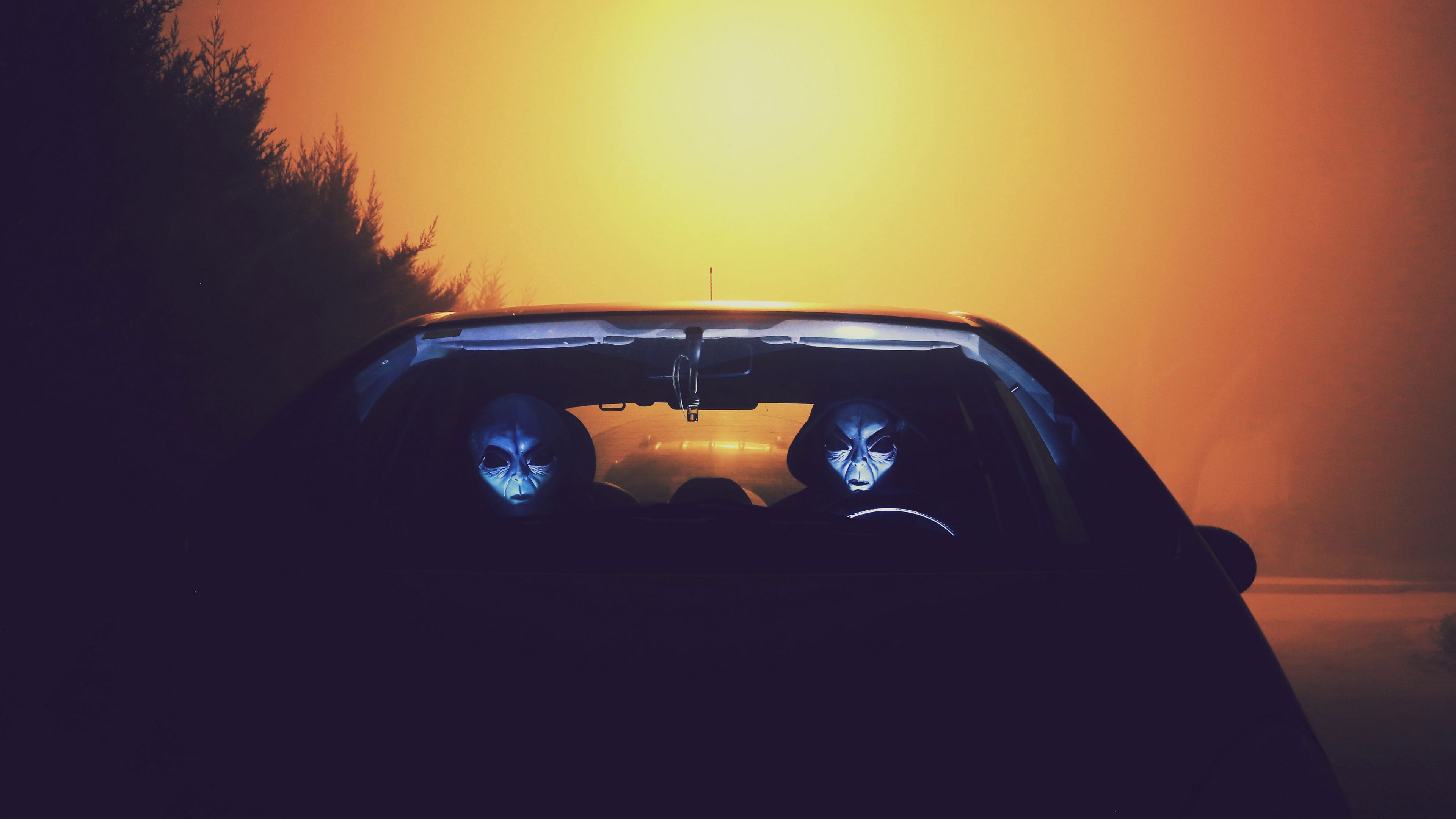 aliens, masks, car, 4k, HD Wallpaper