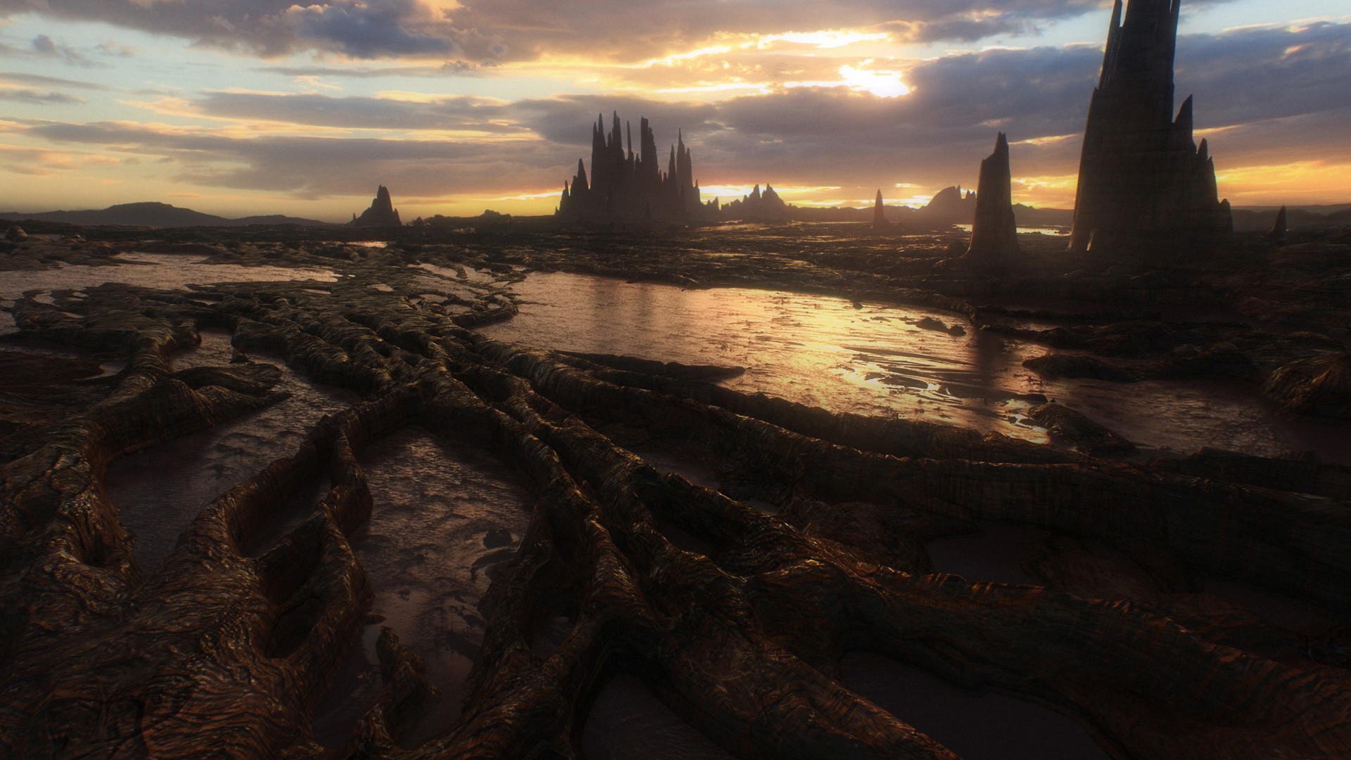 digital, digital art, artwork, fantasy art, nature, clouds, landscape, rocks, dusk, dark, concept art, HD Wallpaper