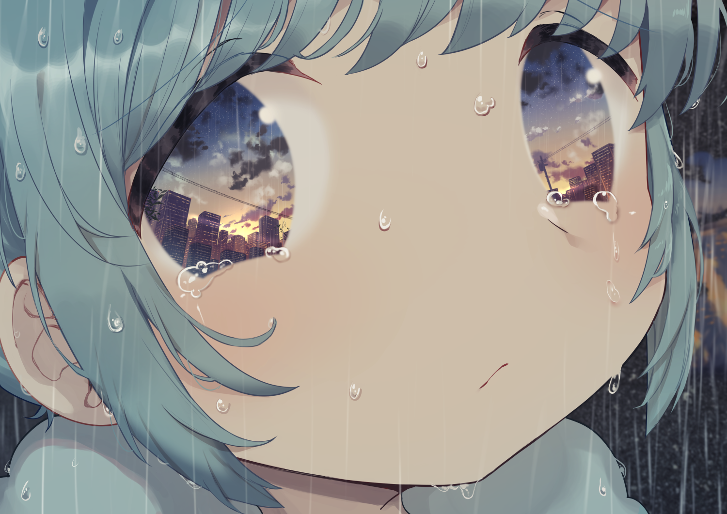 blue eyes, reflection, blue hair, HD Wallpaper