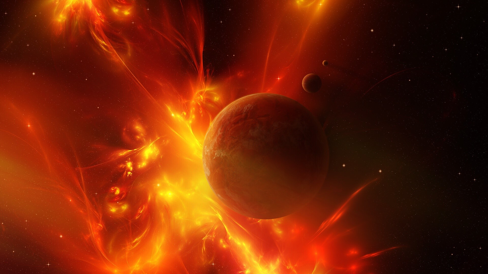 space, planet, space art, fire, digital art, HD Wallpaper