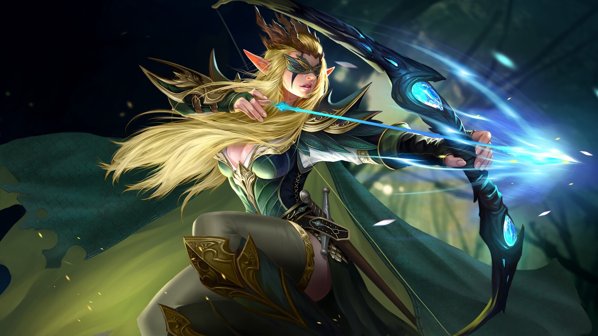 fantasy art, fantasy girl, blonde, long hair, archer, bow, HD Wallpaper