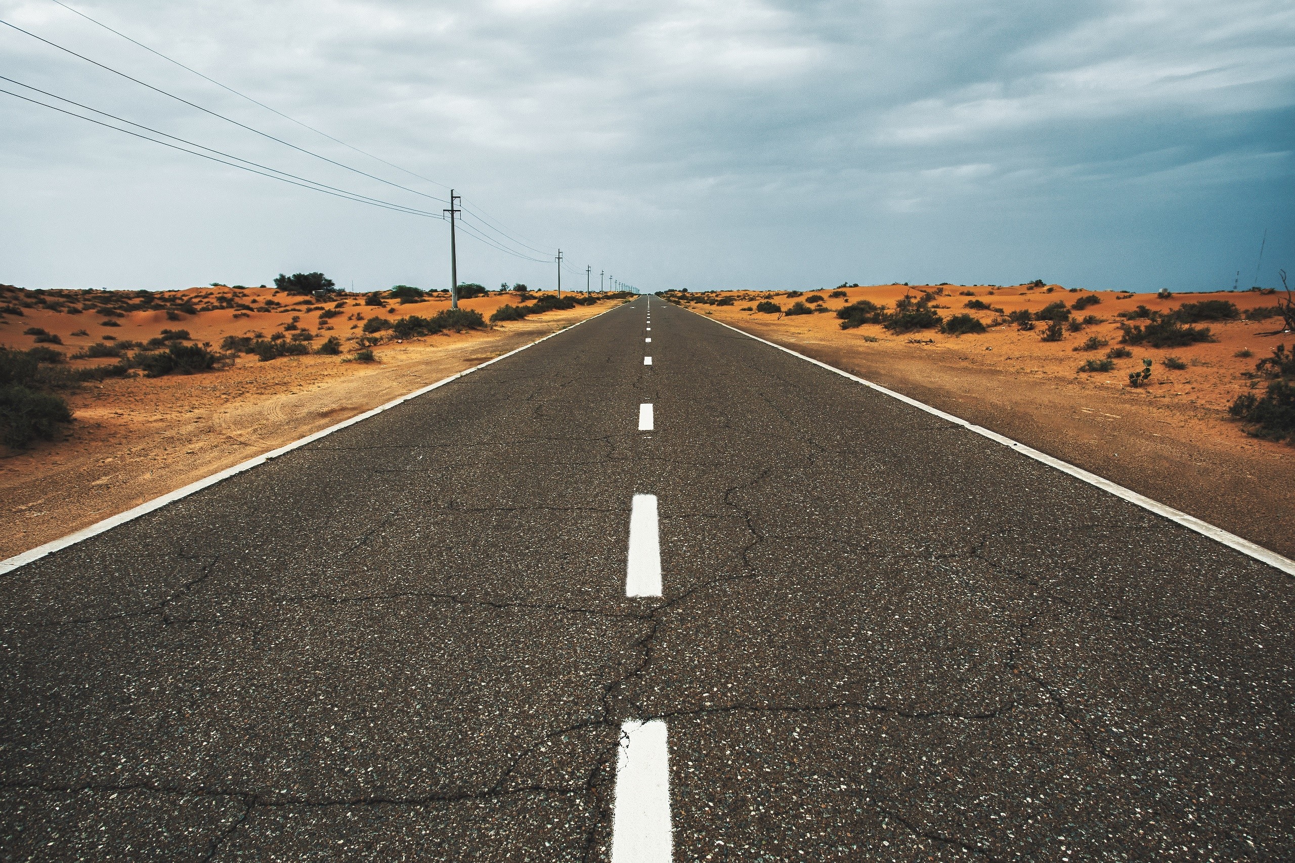 road, asphalt, power lines, sky, HD Wallpaper