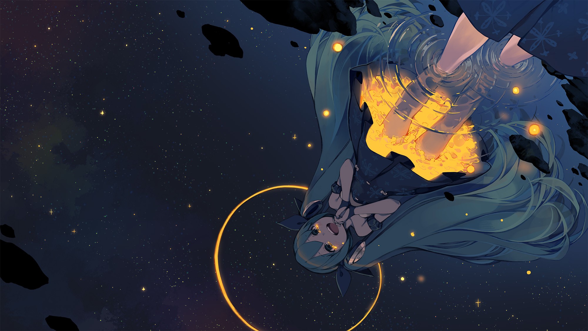 anime girls, anime, comic art, stars, space, fireflies, HD Wallpaper
