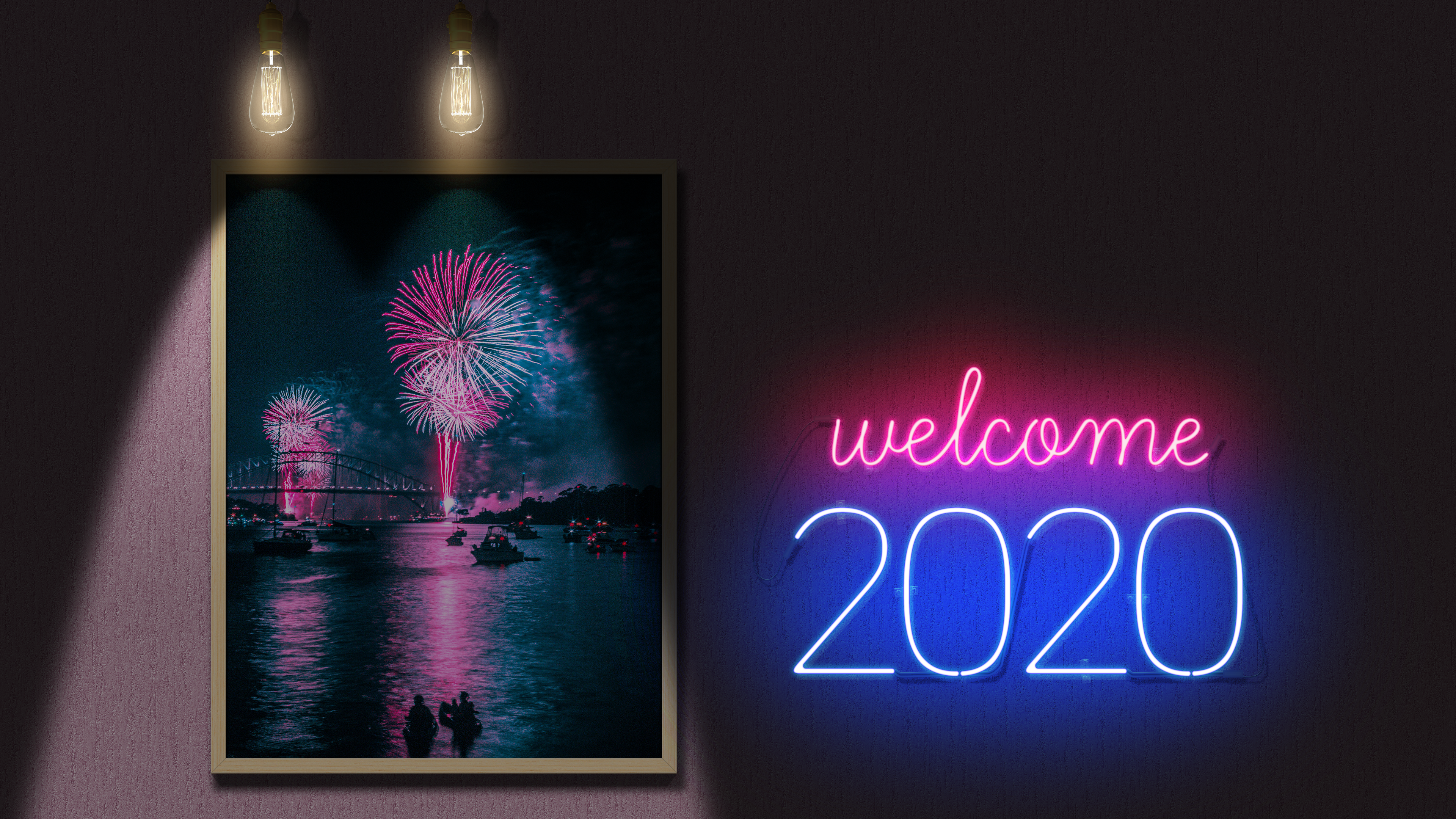 neon, fireworks, New Year, HD Wallpaper