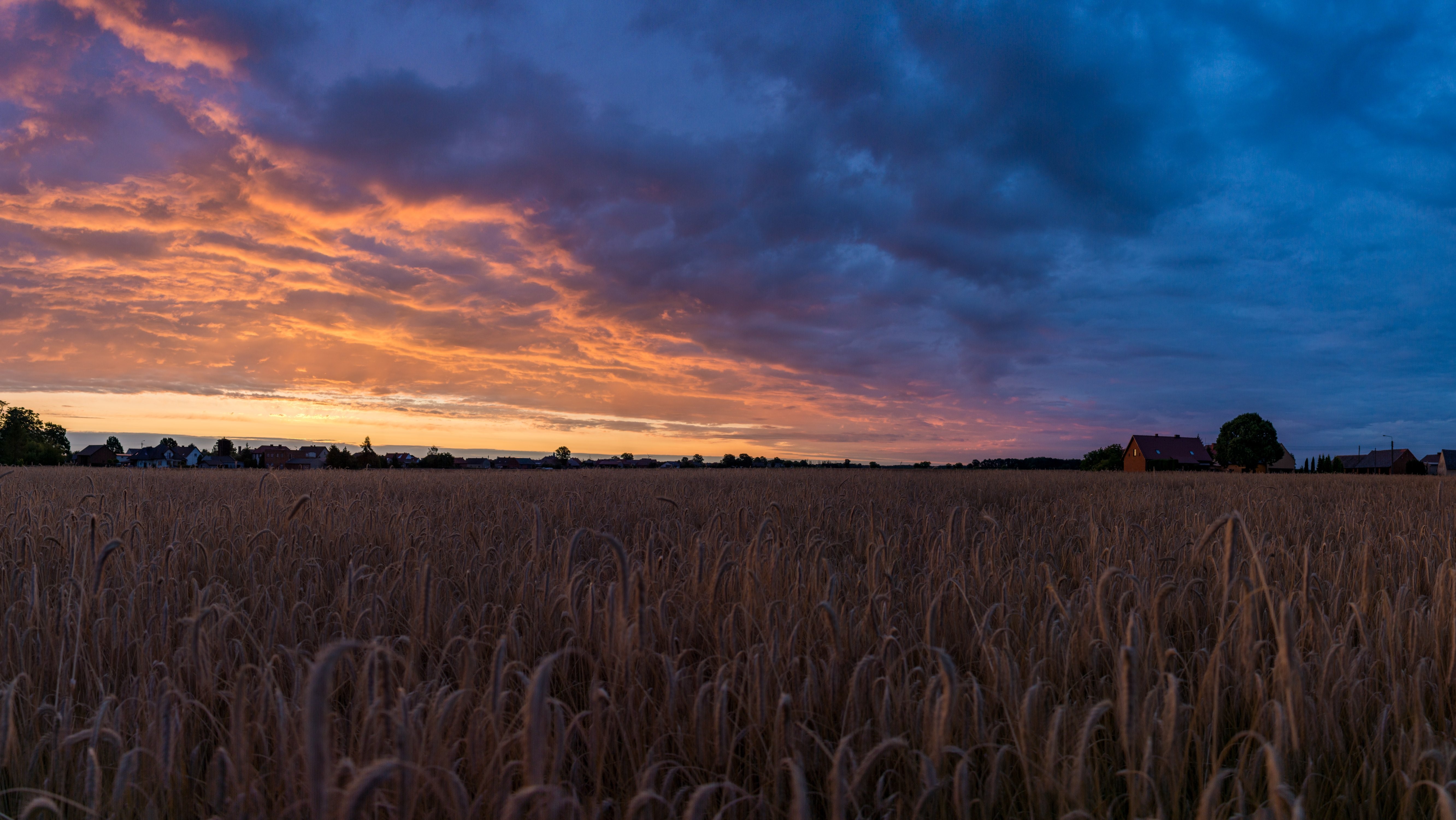 nature, landscape, village, Poland, sunrise, orange sky, vacation, HD Wallpaper