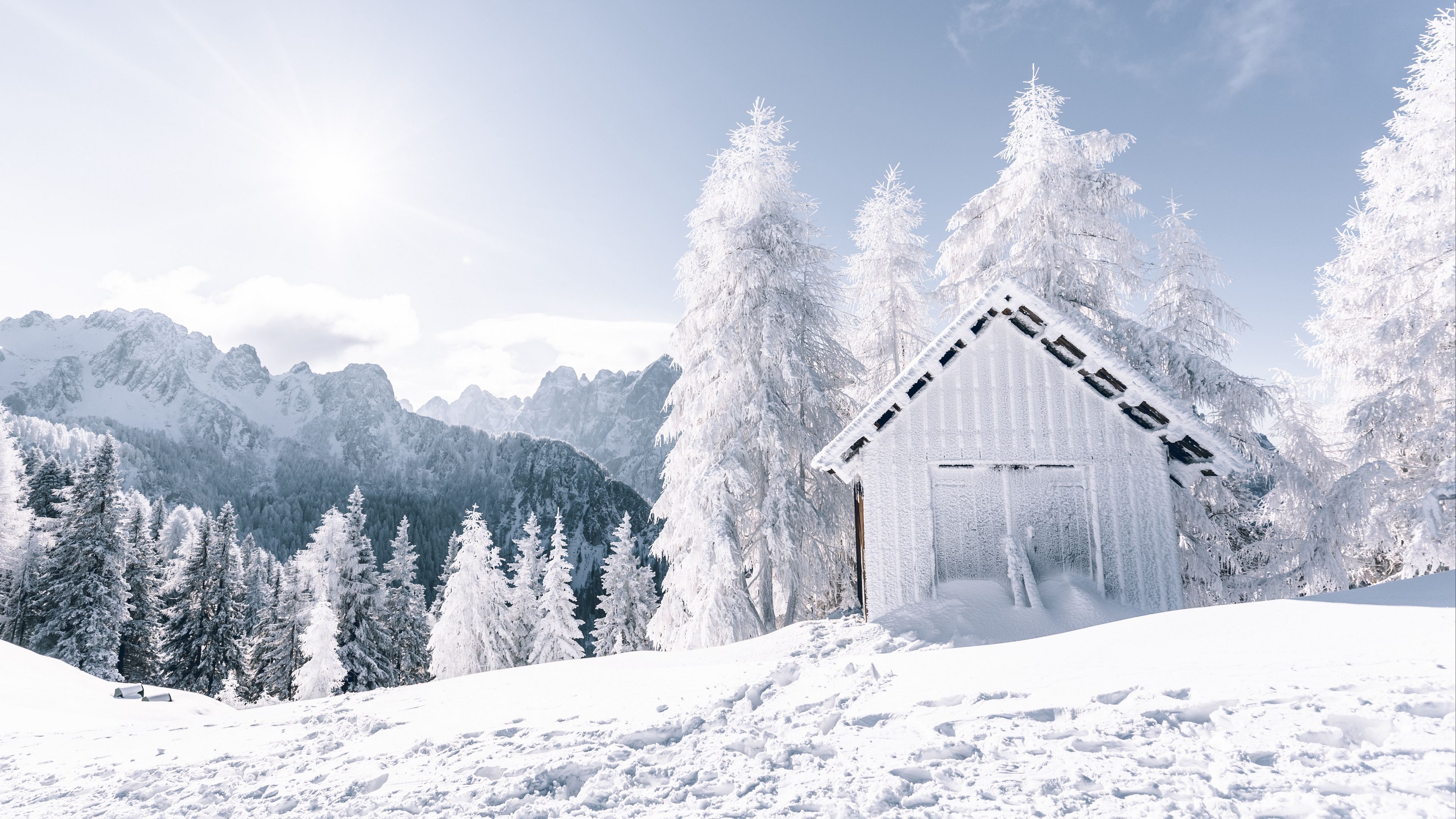 mountains, snow, winter, building, trees, 4k, HD Wallpaper