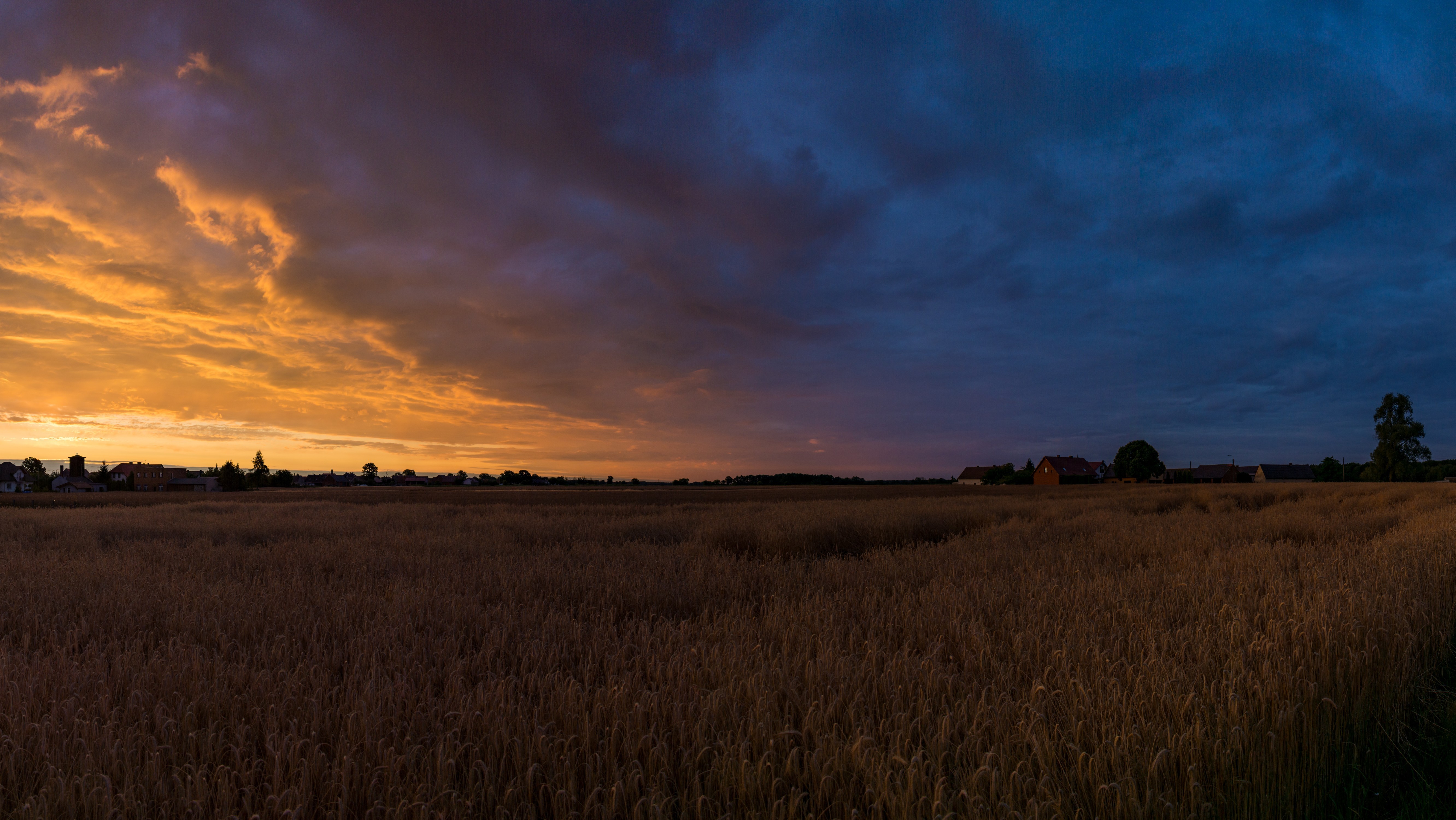 nature, landscape, sunrise, orange sky, Poland, village, field, HD Wallpaper