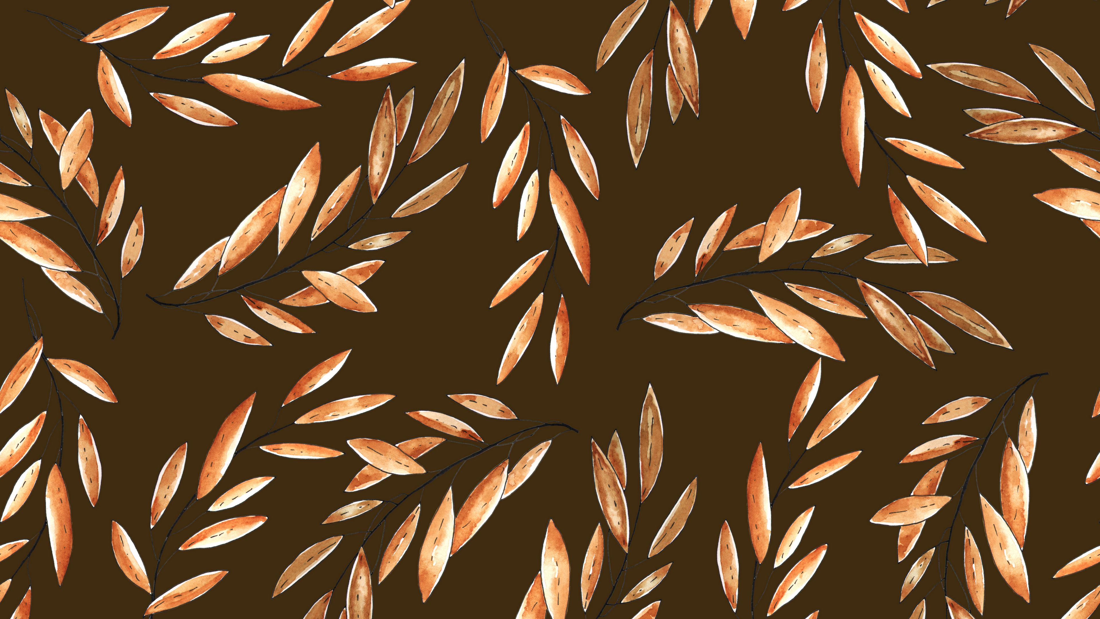 branches, leaves, watercolor, patterns, texture, brown, 4k, HD Wallpaper