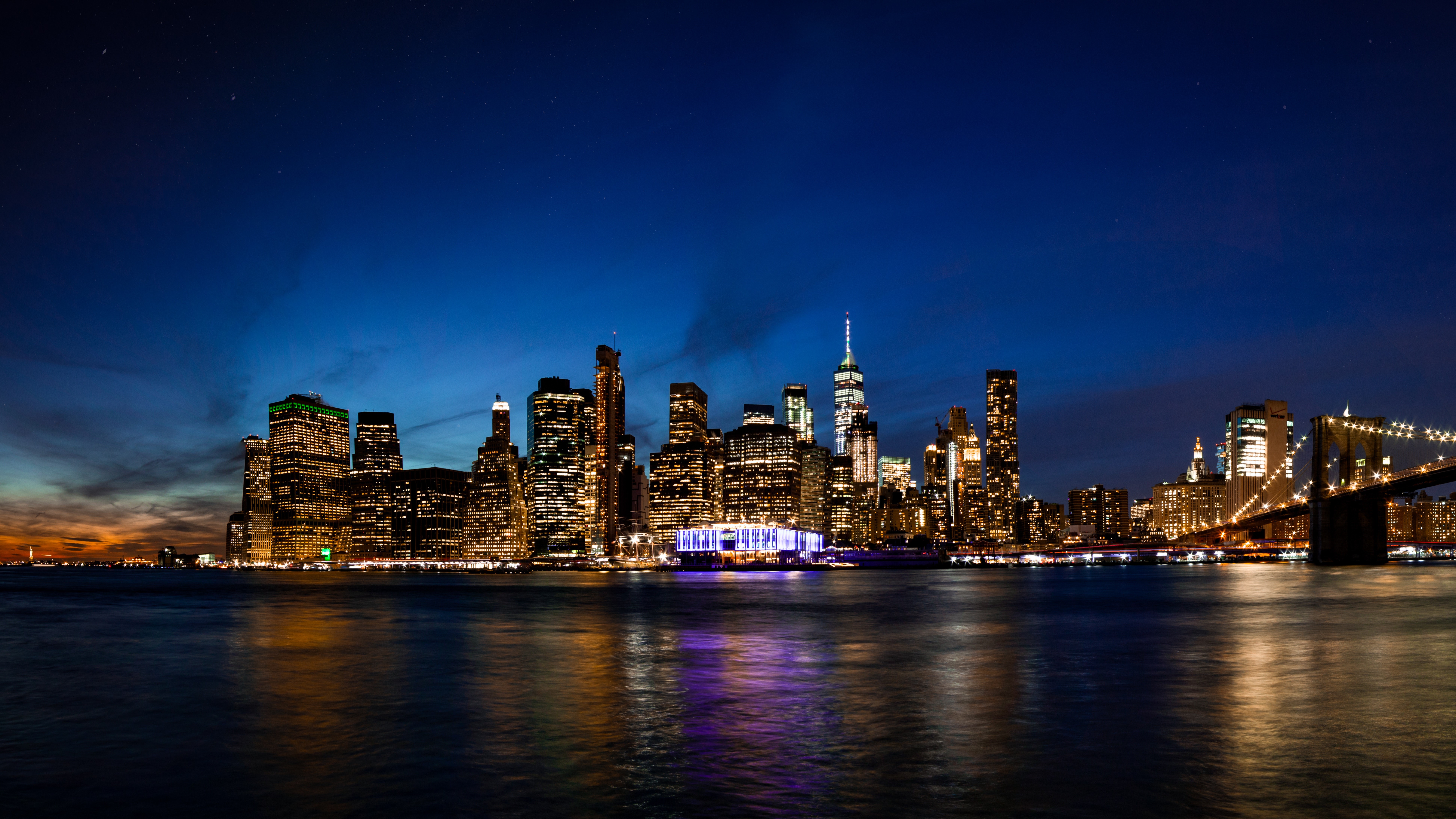city, water, night, lights, cityscape, blue, city lights, New York City, HD Wallpaper