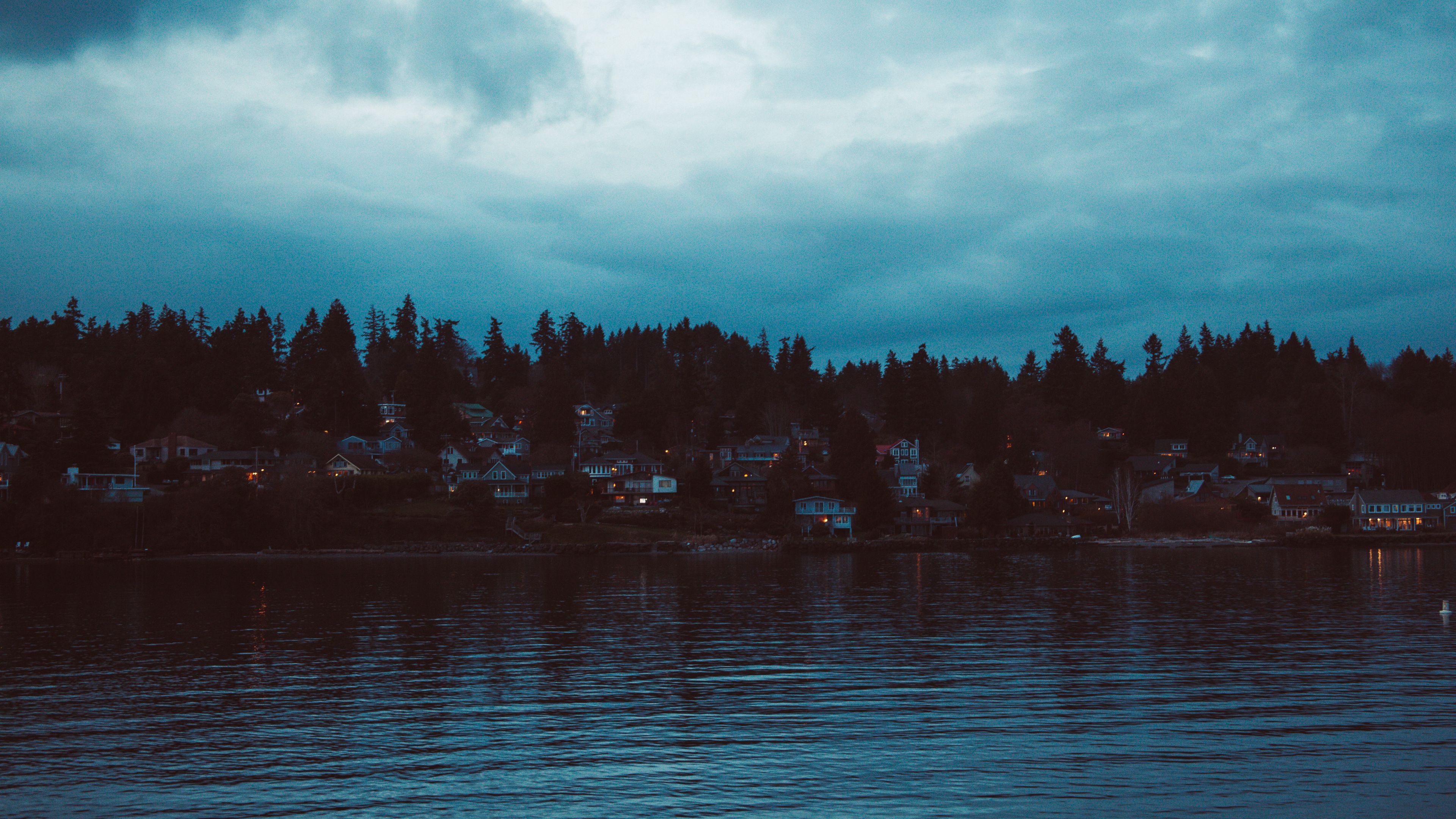 shore, river, home, village, twilight, sunset, sky, 4k, HD Wallpaper