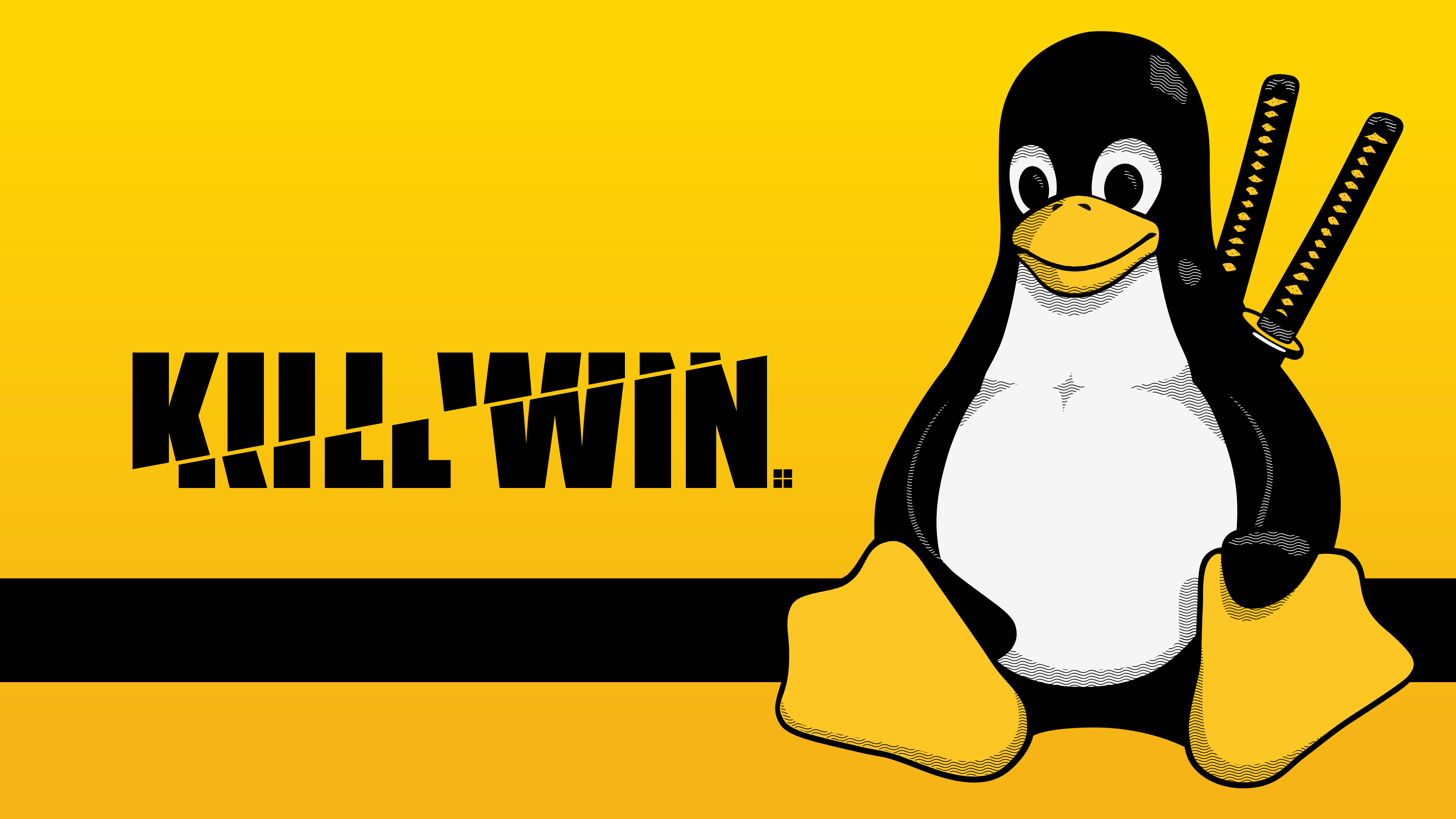 Linux, Tux, FoxyRiot, Kill Bill, yellow, humor, yellow background, crossover, HD Wallpaper