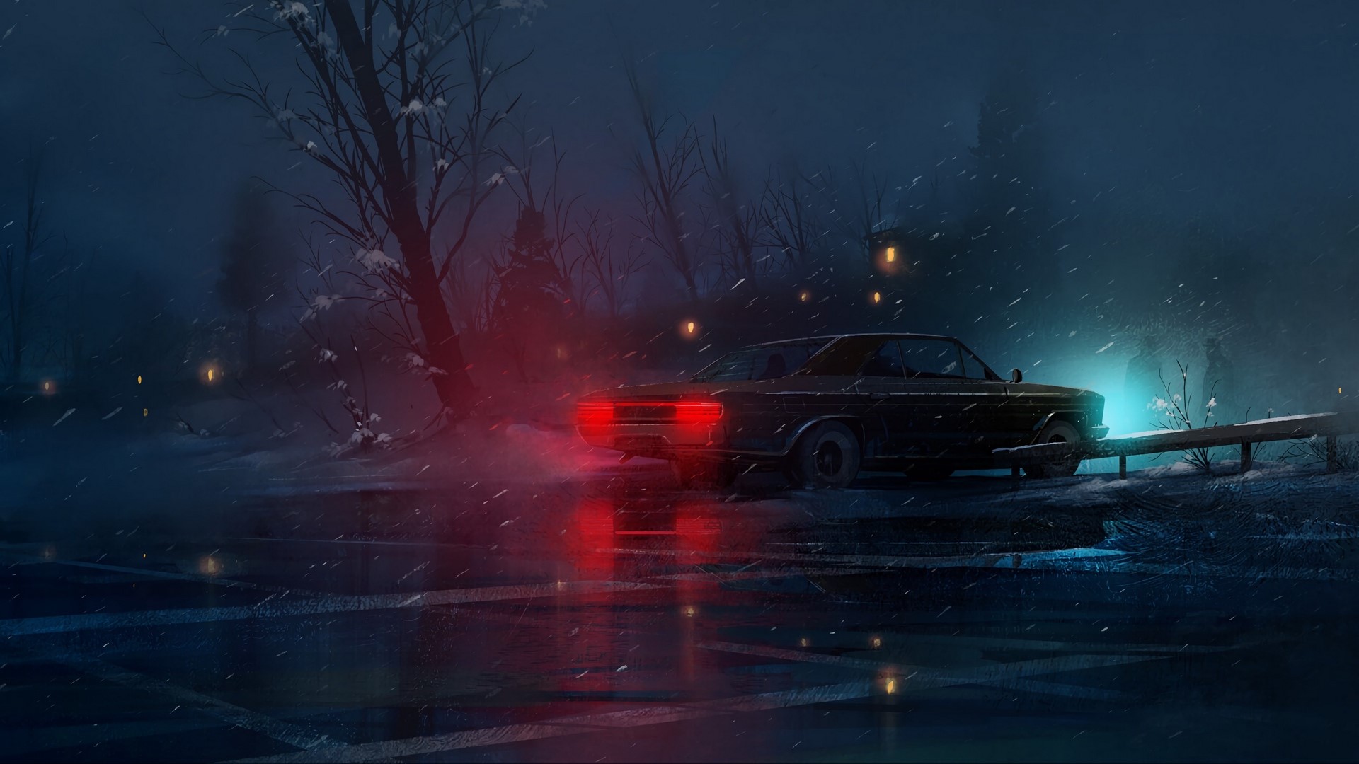 car, night, snow, parking lot, HD Wallpaper