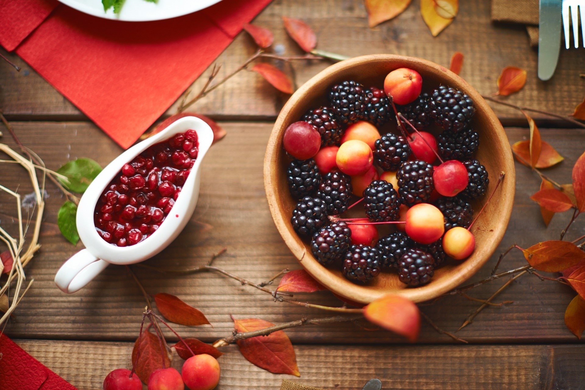 fruit, food, berries, colorful, blackberries, cherries, leaves, wooden surface, cranberries, top view, HD Wallpaper