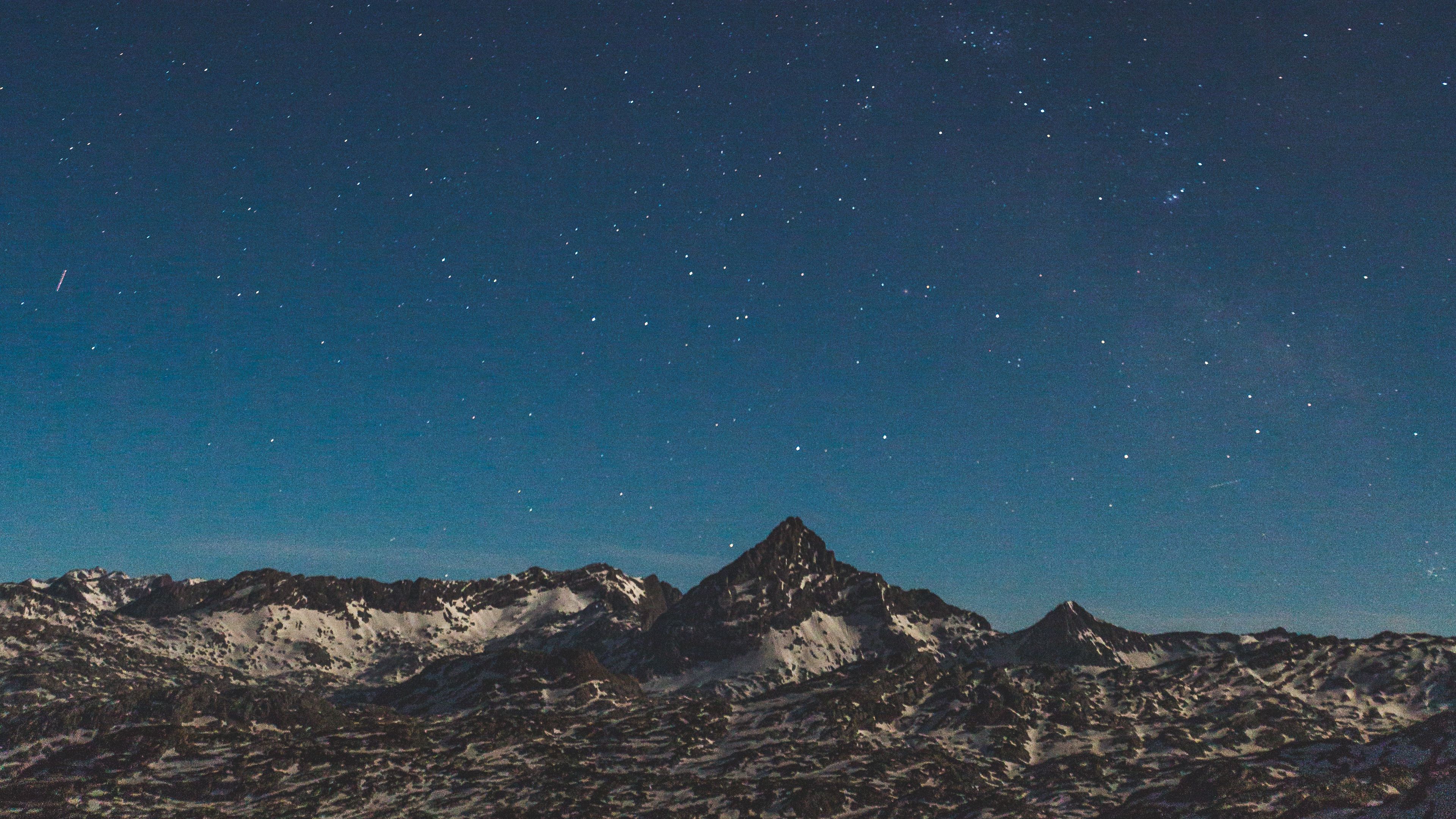 mountains, starry sky, night, stars, peak, snowy, 4k, HD Wallpaper