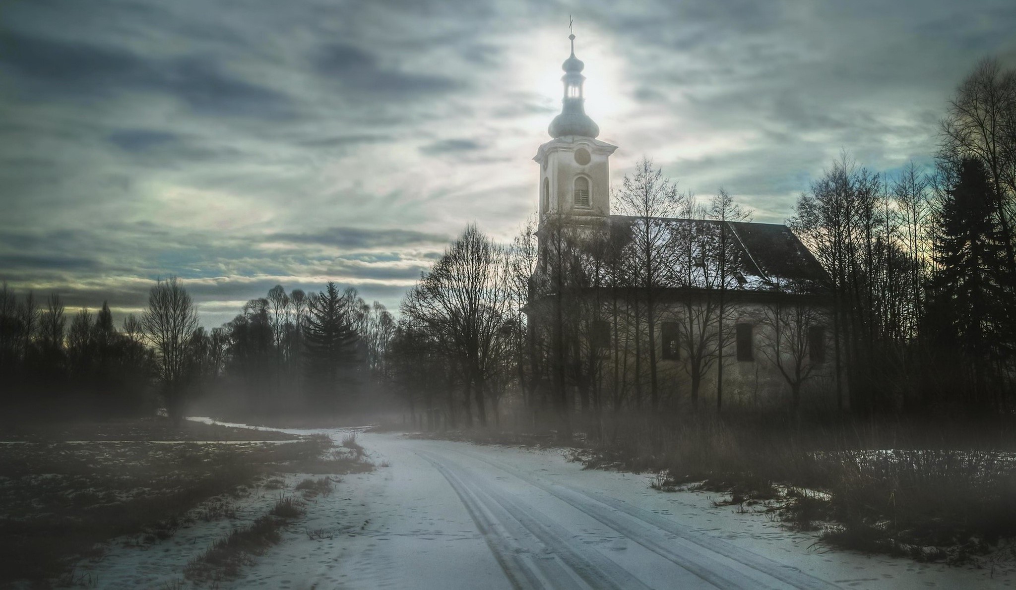 winter, road, church, outdoors, sky, HD Wallpaper