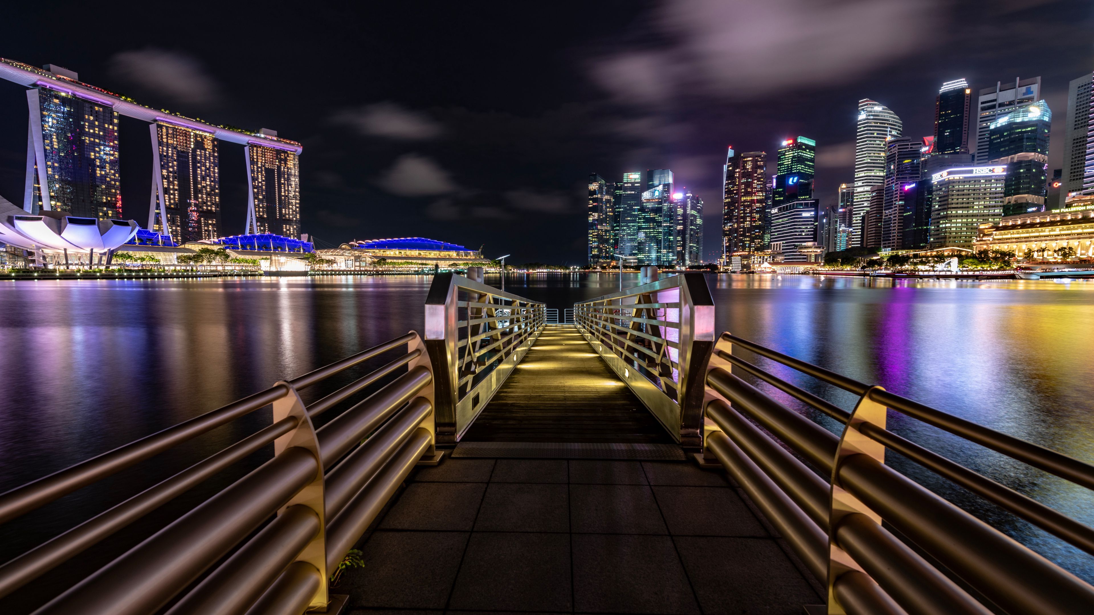 marina, night city, jetty, city lights, singapore, 4k, HD Wallpaper