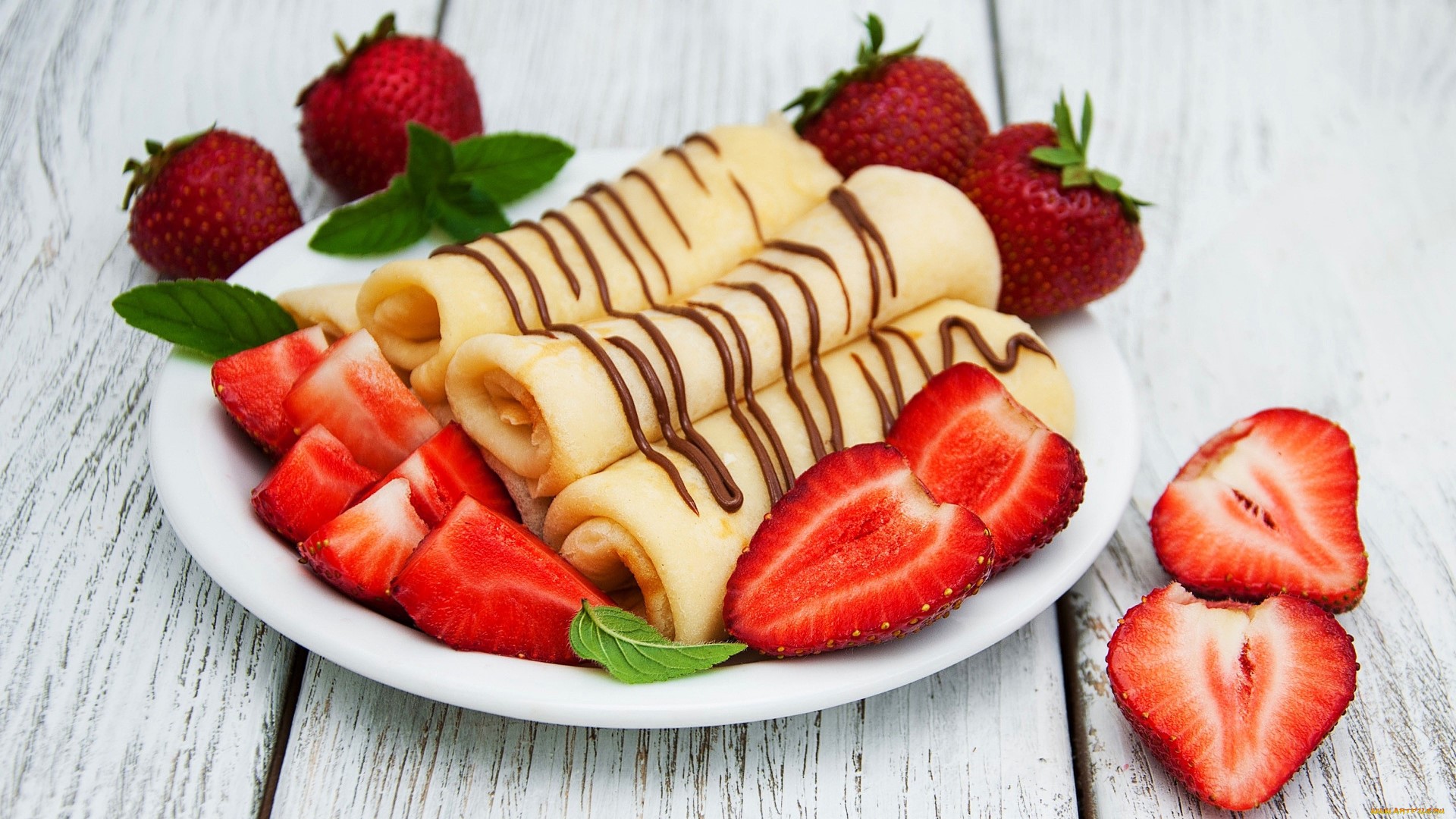food, fruit, strawberries, sweets, crepes, mint leaves, wooden surface, leaves, HD Wallpaper