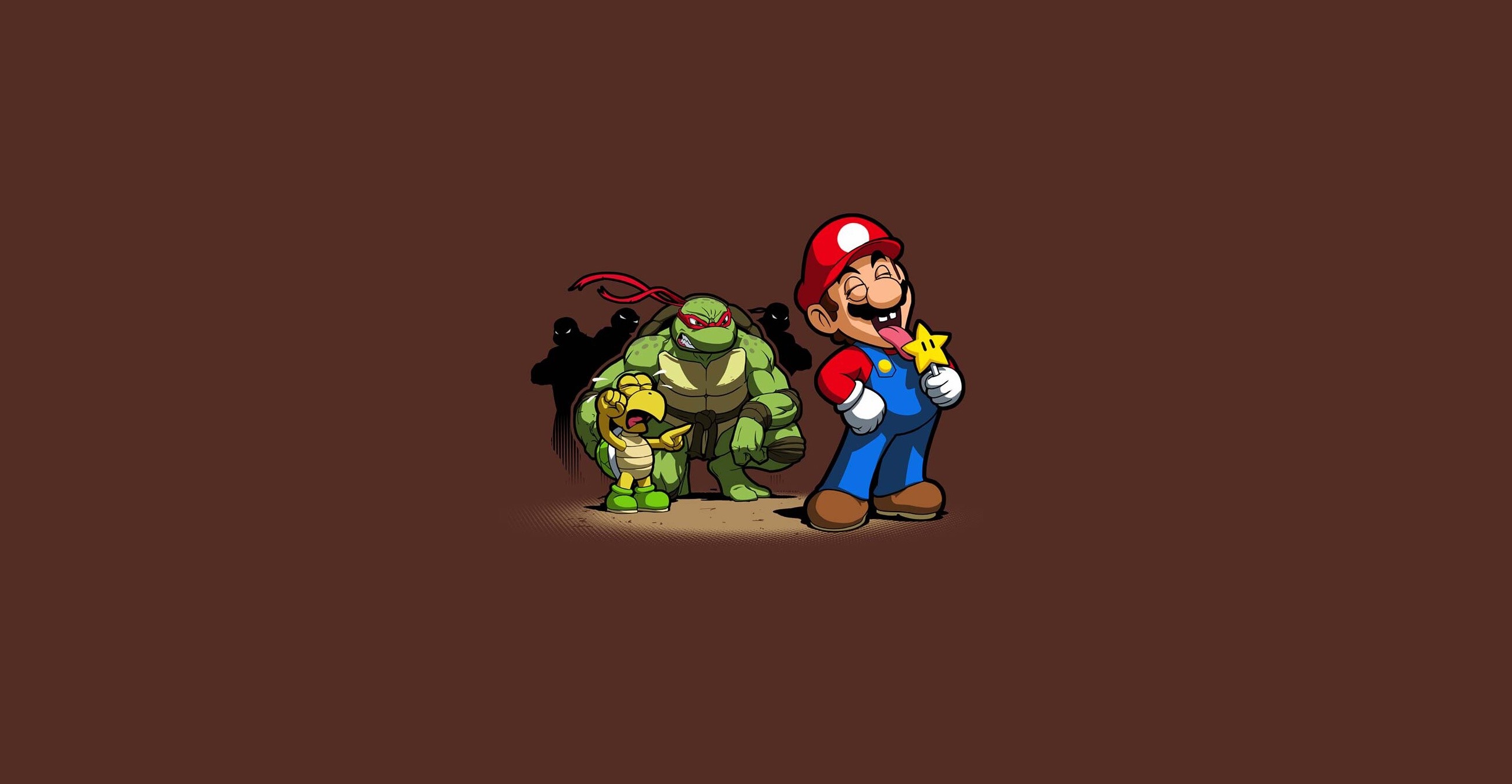 Teenage Mutant Ninja Turtles, Super Mario, video game art, video games, humor, simple background, brown, brown background, HD Wallpaper