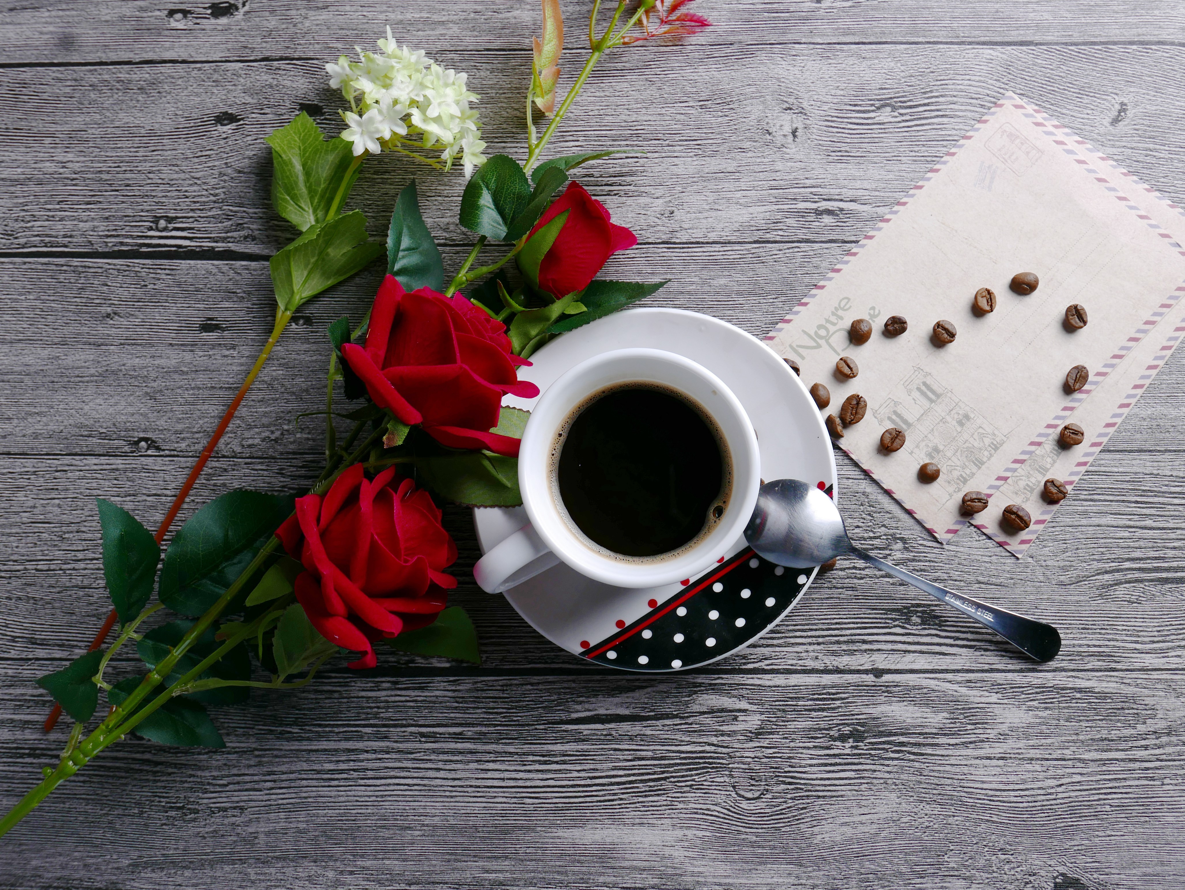 coffee, coffee beans, coffee cup, flowers, HD Wallpaper