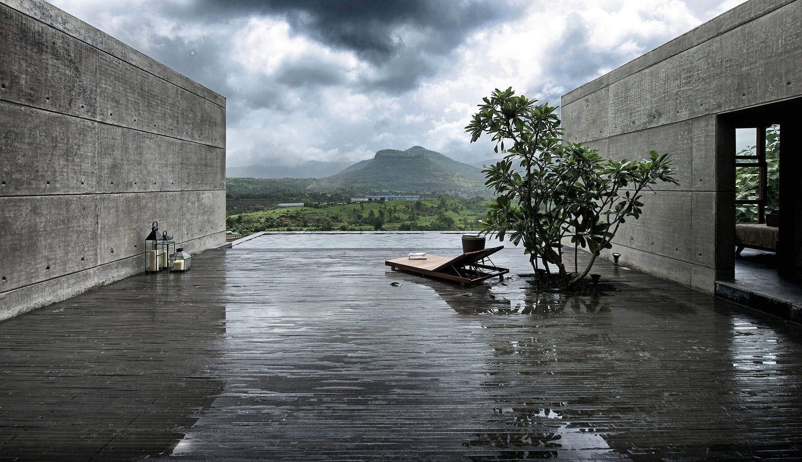terraces, swimming pool, clouds, mountains, house, architecture, HD Wallpaper