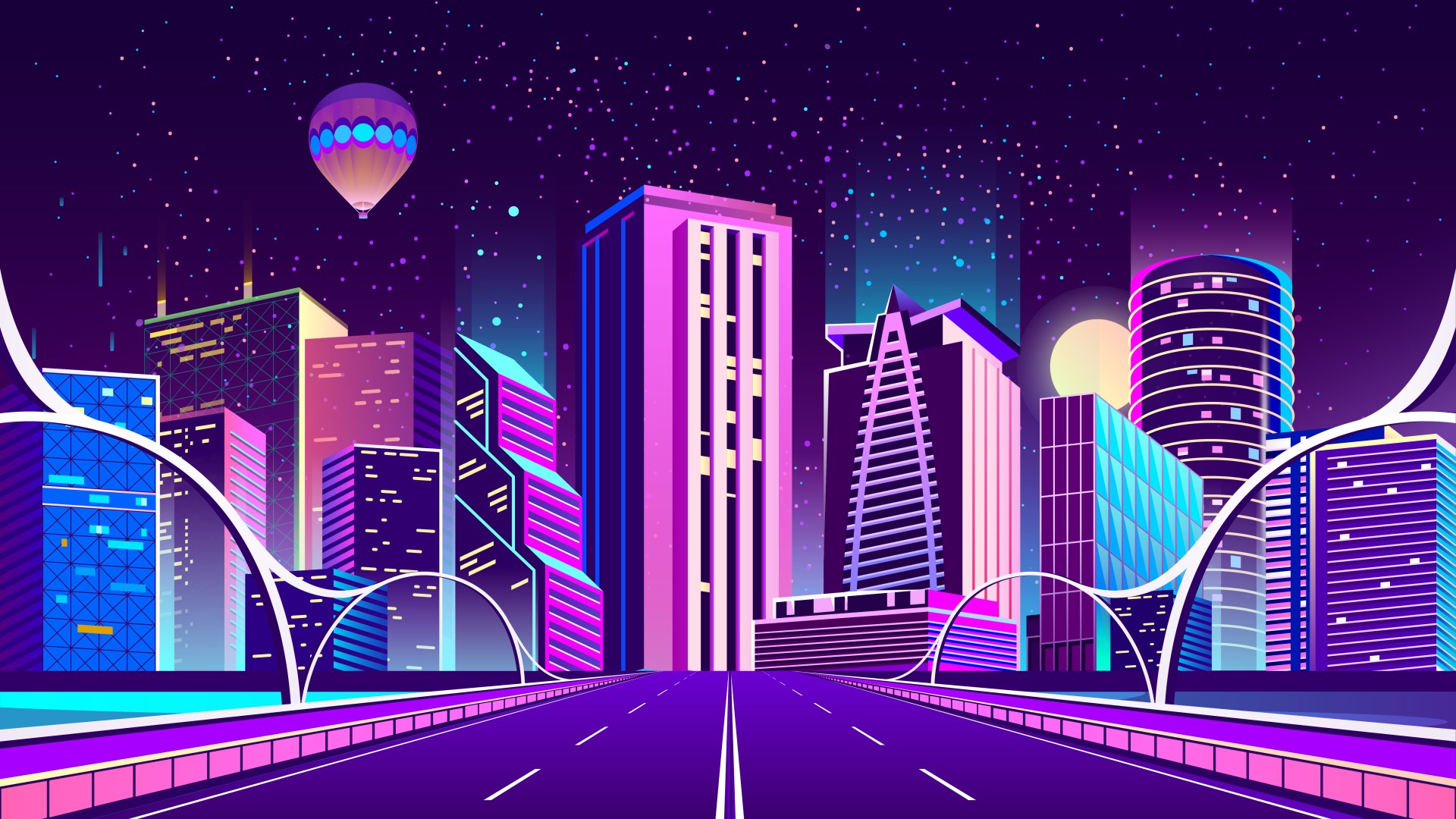 artwork, neon, neon lights, building, road, hot air balloons, Retro style, HD Wallpaper