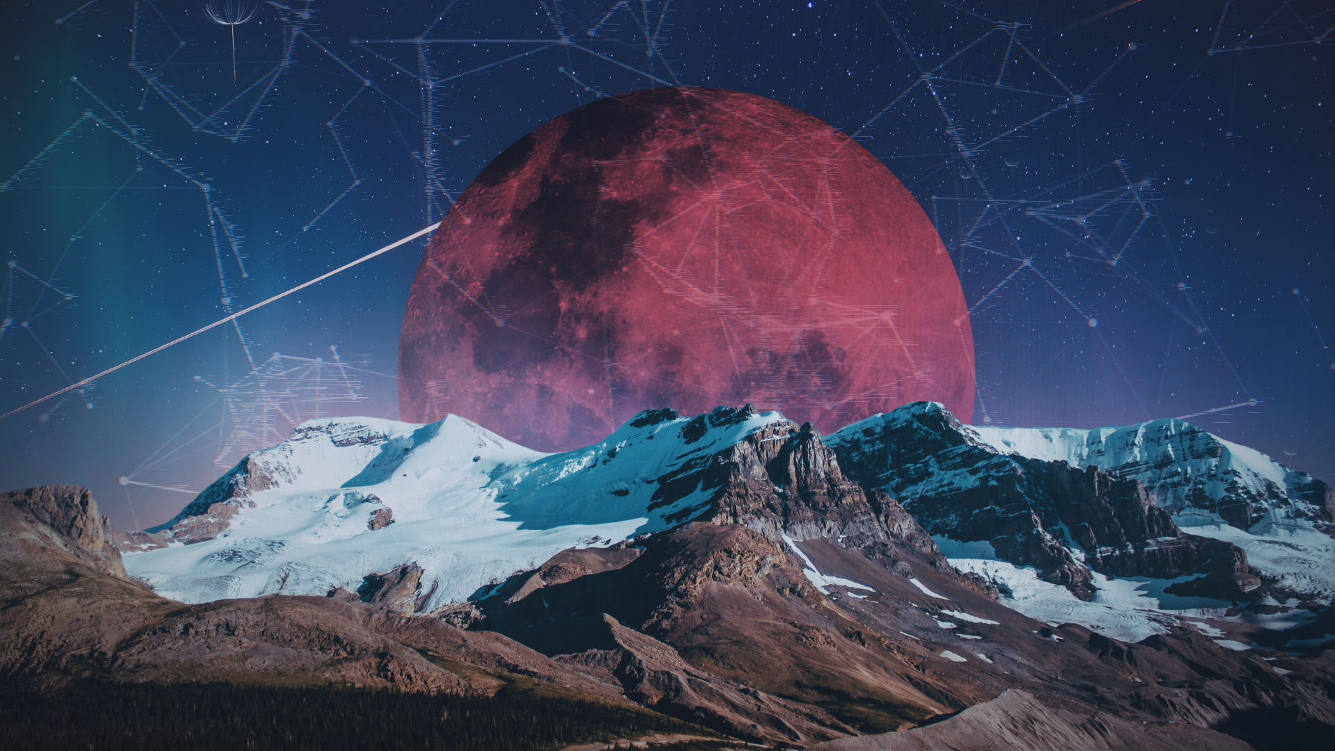 space, Moon, red moon, mountains, glitch art, snow, constellations, HD Wallpaper