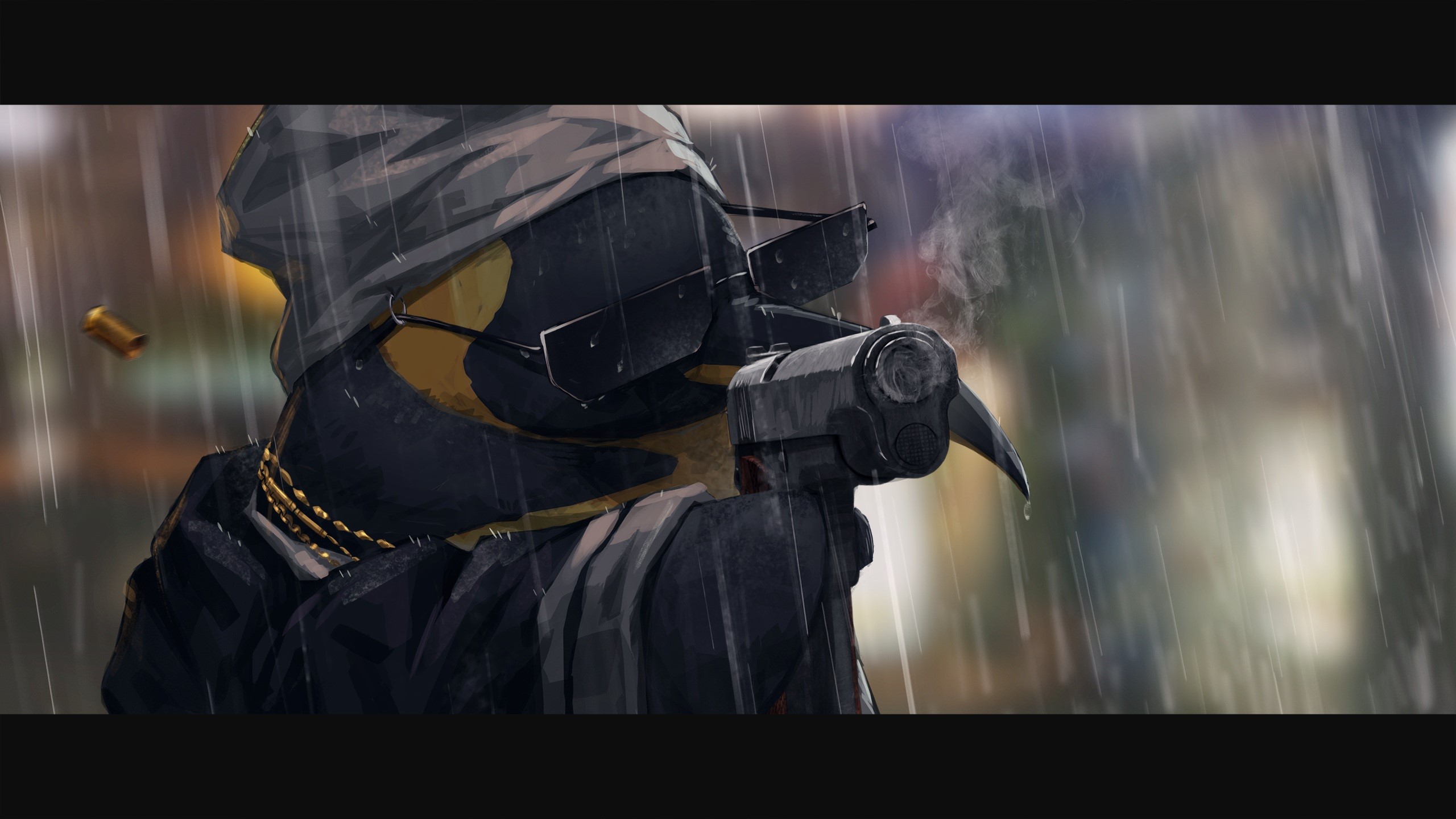 penguins, gun, necklace, smoking, weapon, water, rain, beanie, sunglasses, digital art, artwork, Arknights, pistol, HD Wallpaper