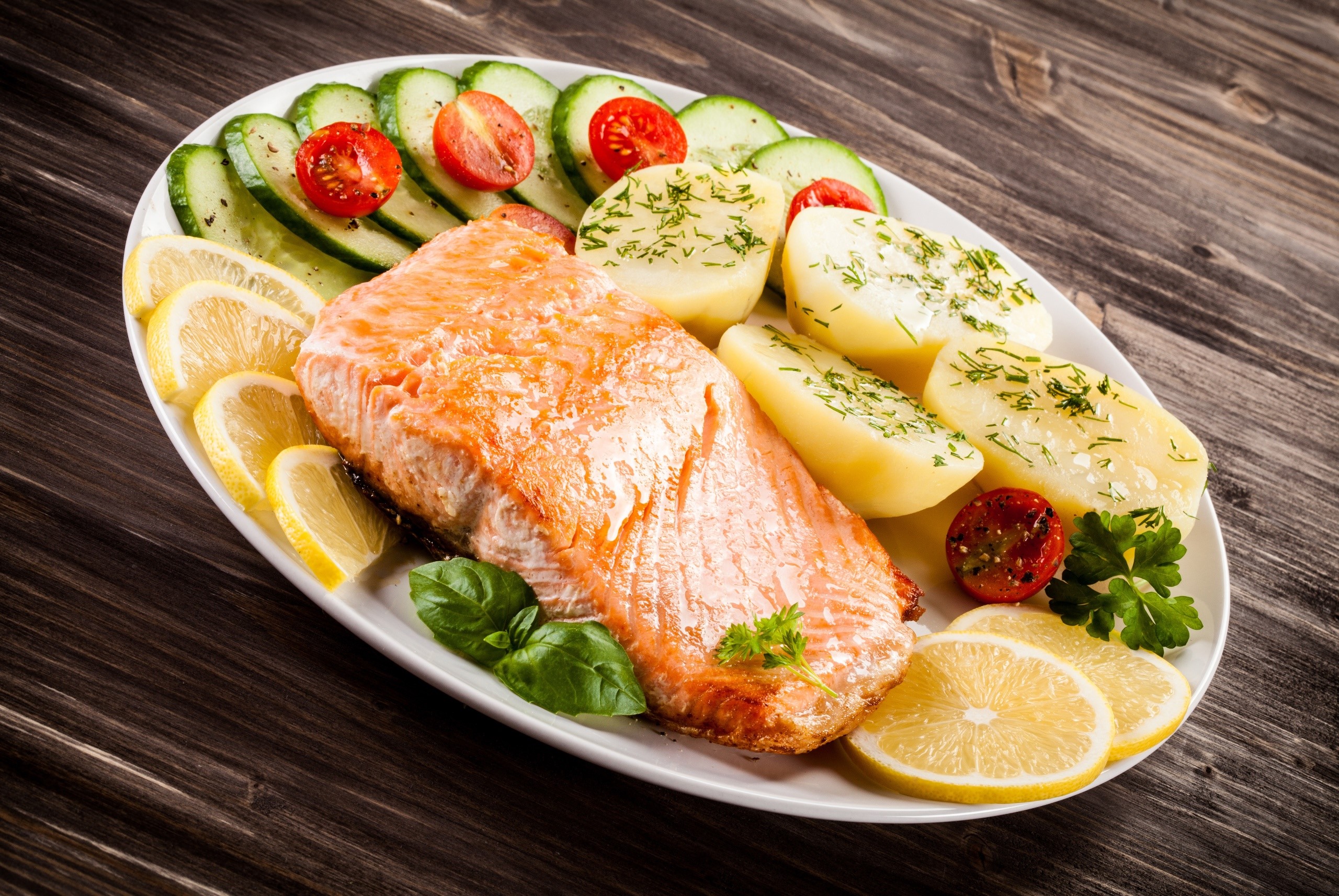 food, fish, potatoes, salmon, lemons, tomatoes, basil, cucumbers, wooden surface, HD Wallpaper