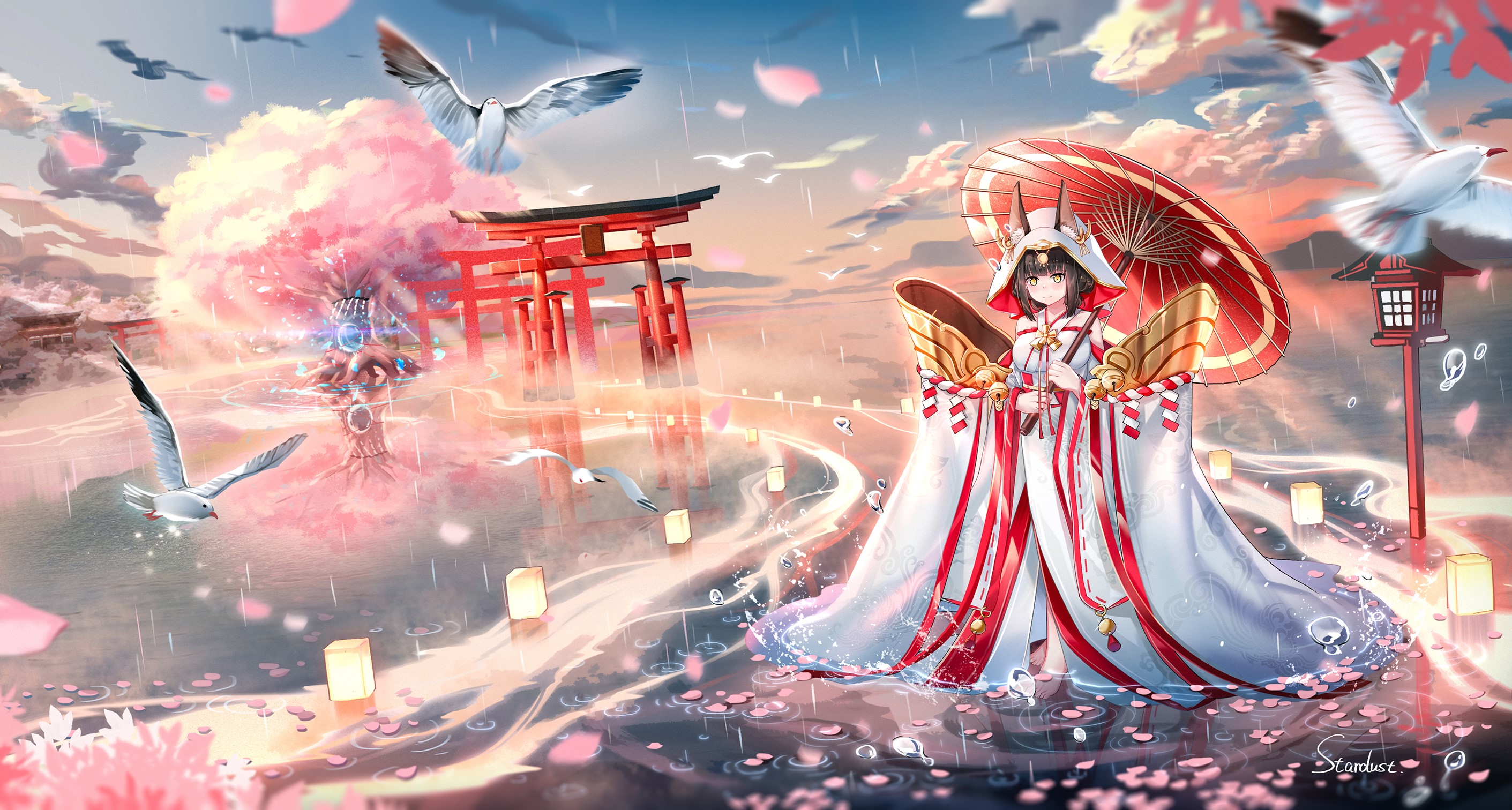artwork, digital art, Azur Lane, Nagato (Azur Lane), anthropomorphism, animal ears, barefoot, flowers, foxgirl, Japanese clothes, sky, rain, petals, cherry blossom, bell, clouds, water, HD Wallpaper