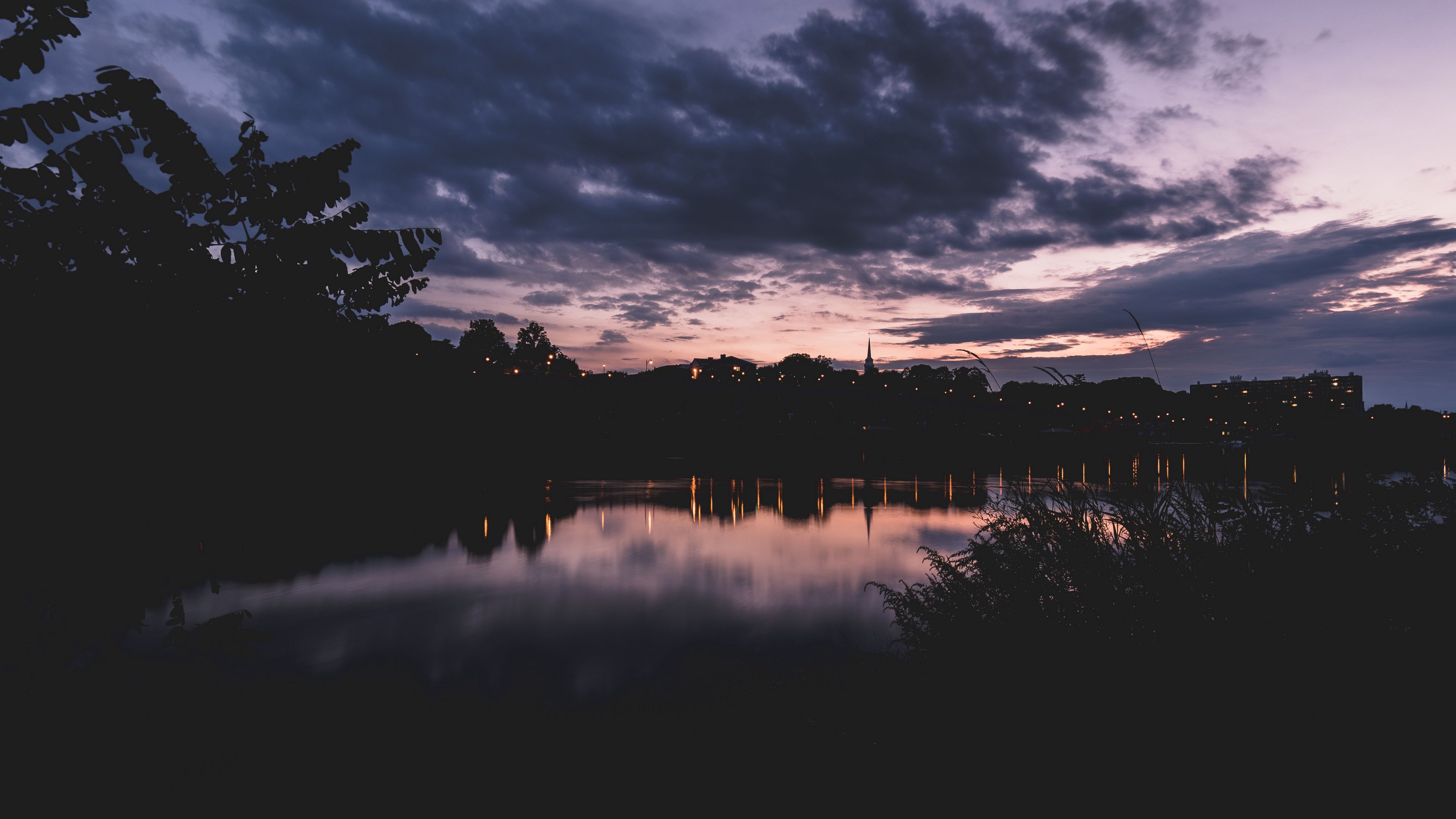 sunset, night, river, buildings, outlines, highland park, michigan, 4k, HD Wallpaper