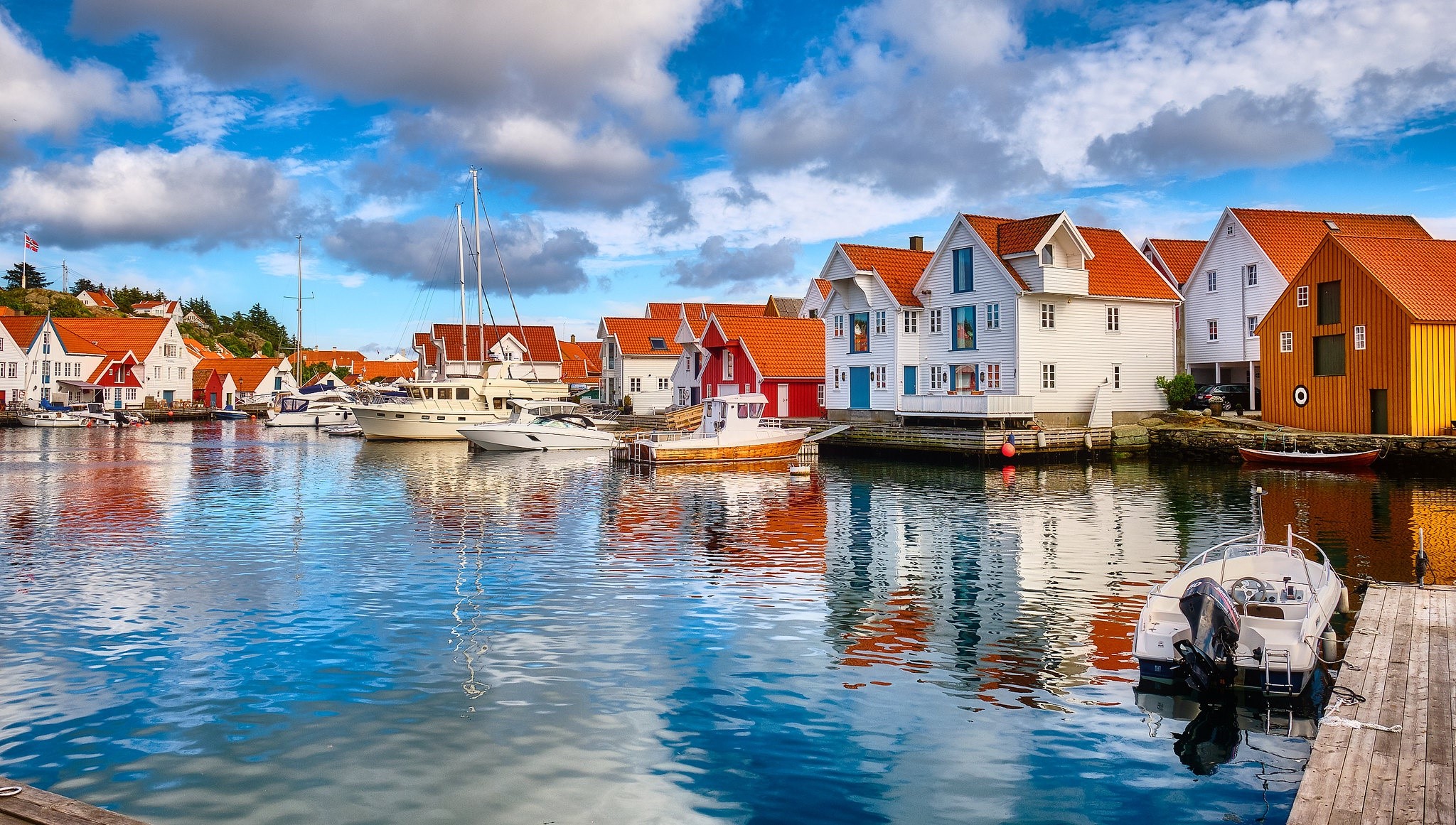 Norway, house, water, sky, boat, vehicle, reflection, HD Wallpaper