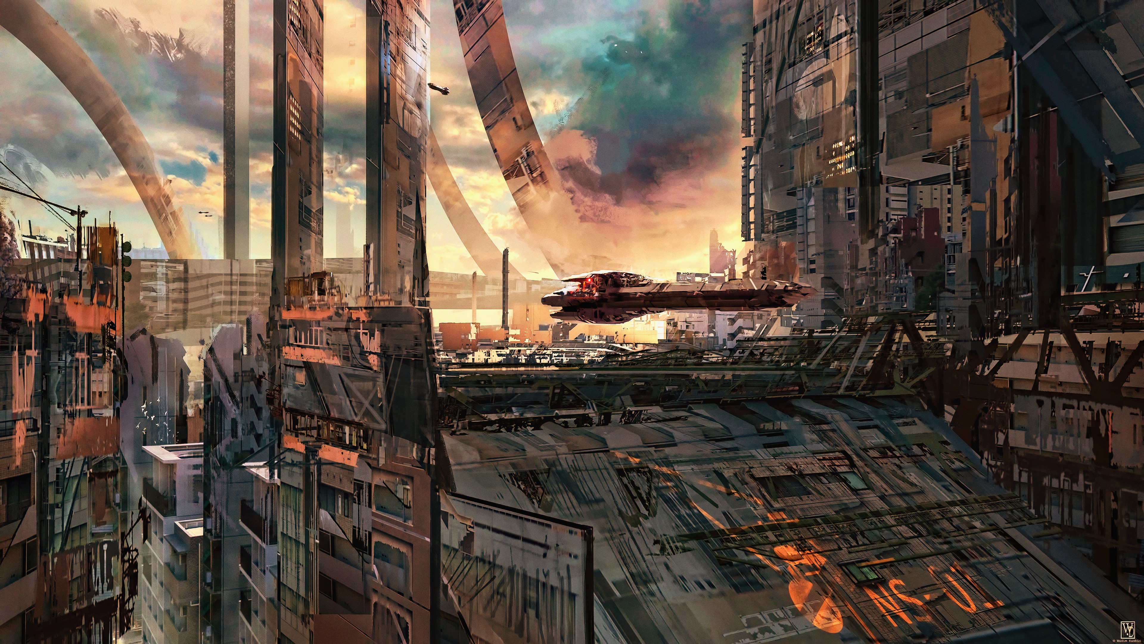 science fiction, digital art, concept art, artwork, futuristic, fantasy art, fan art, 3D, CGI, sunset, spaceship, cyberpunk, cyber, Wadim Kashin, HD Wallpaper