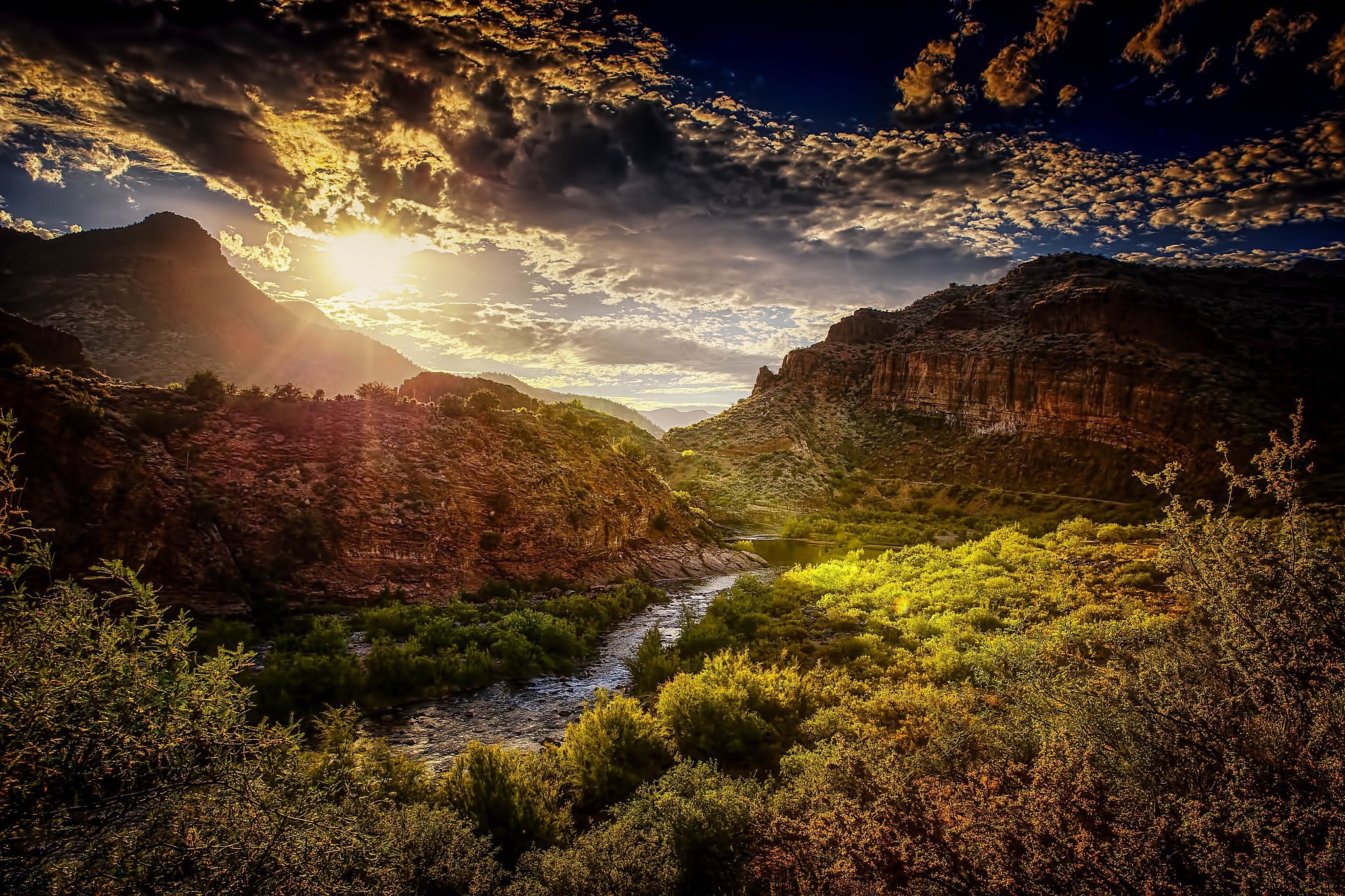 sky, sunlight, nature, plants, rock, landscape, HD Wallpaper