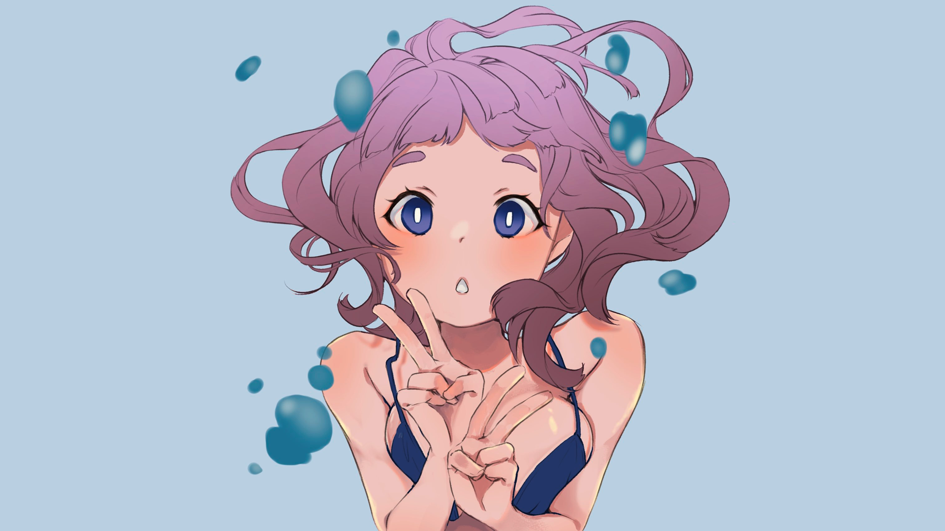 anime, manga, anime girls, simple background, blue background, looking at viewer, underwater, short hair, purple hair, blue swimsuit, HD Wallpaper
