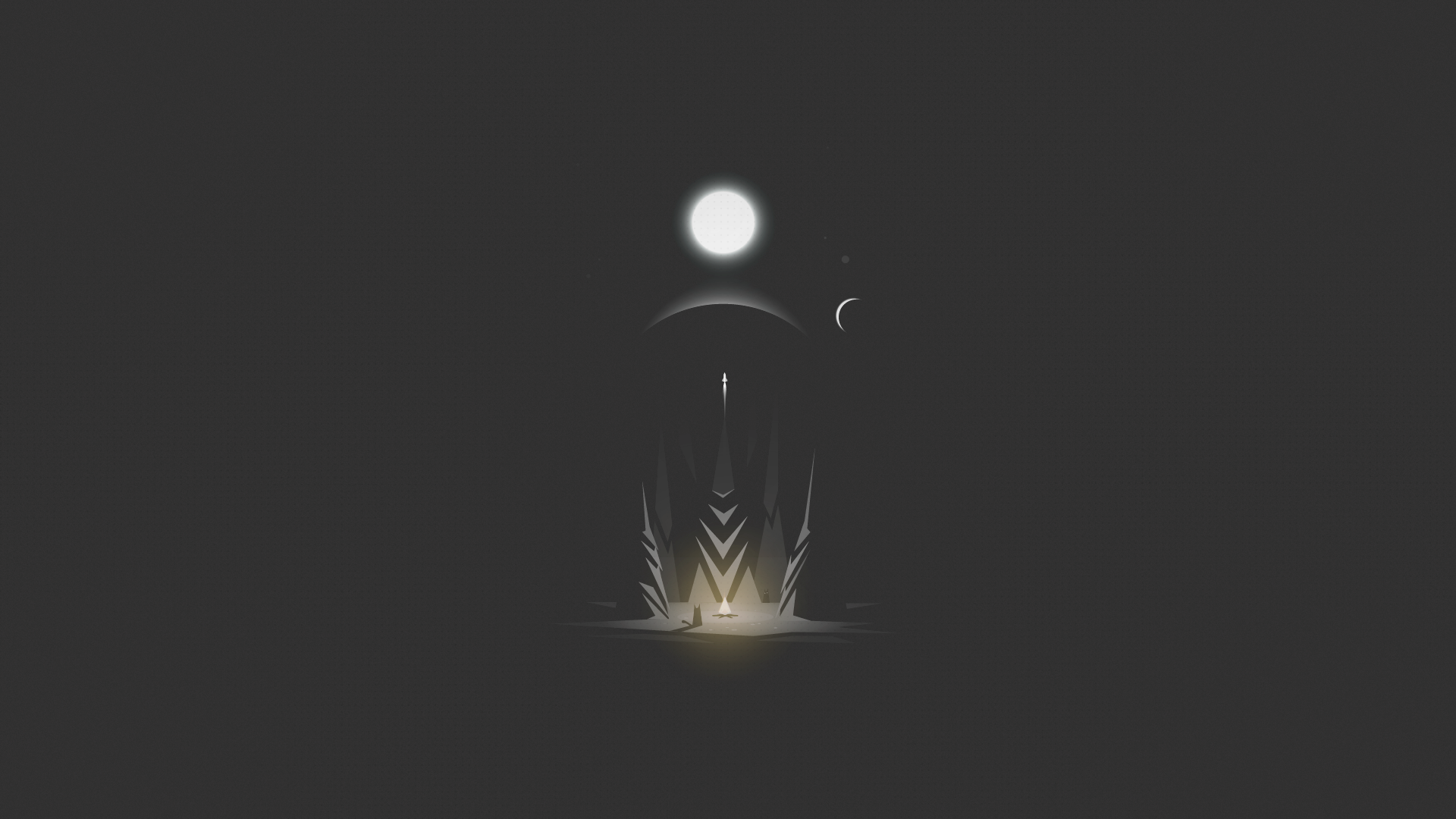 illustration, minimalism, monochrome, fan art, forest, Moon, fire, rocket, planet, Sun, space, cats, black cats, HD Wallpaper