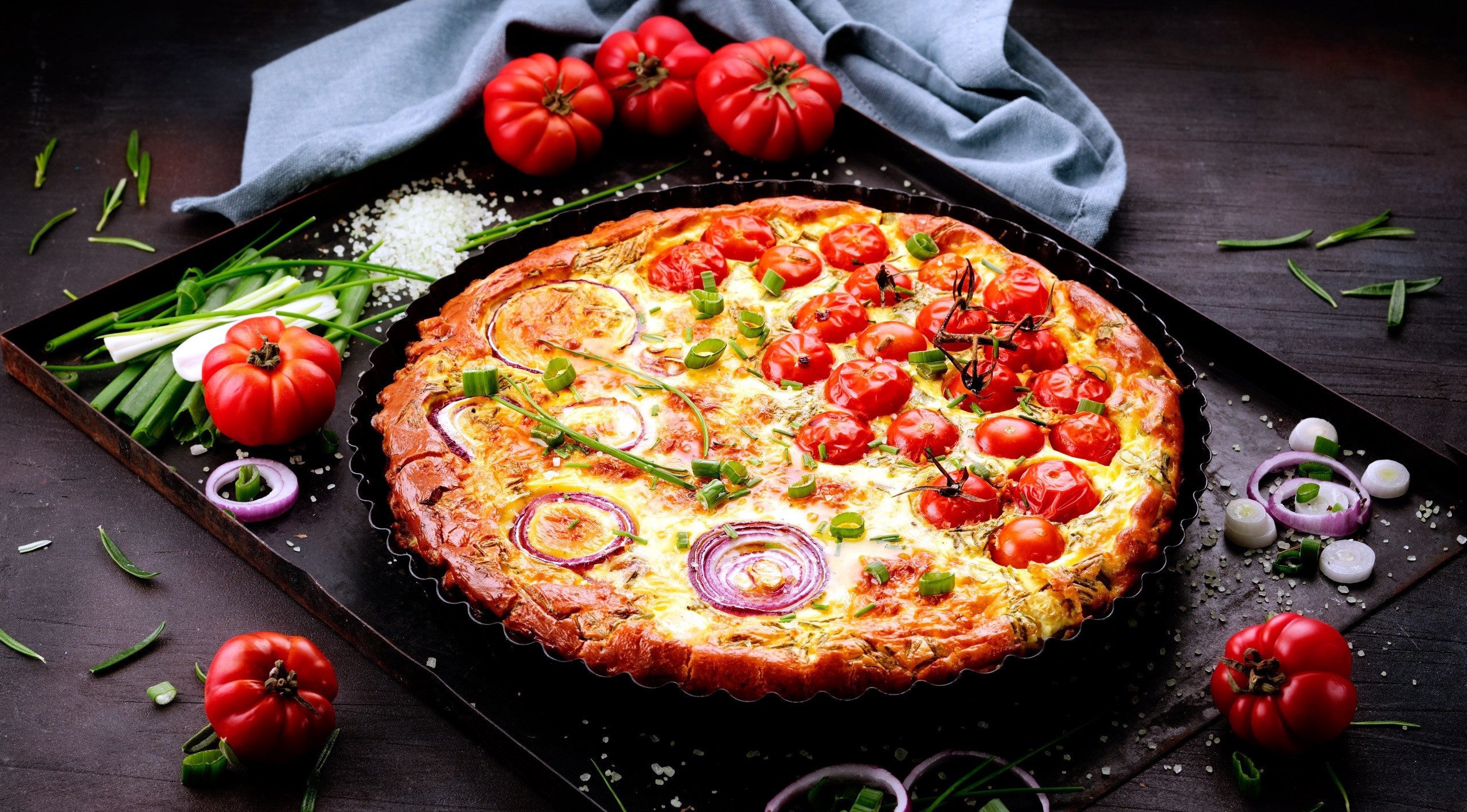Onions, food, pizza, tomatoes, HD Wallpaper