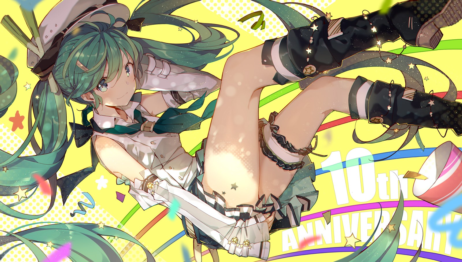 anime, anime girls, green hair, blue eyes, colorful, legs, boots, long hair, HD Wallpaper