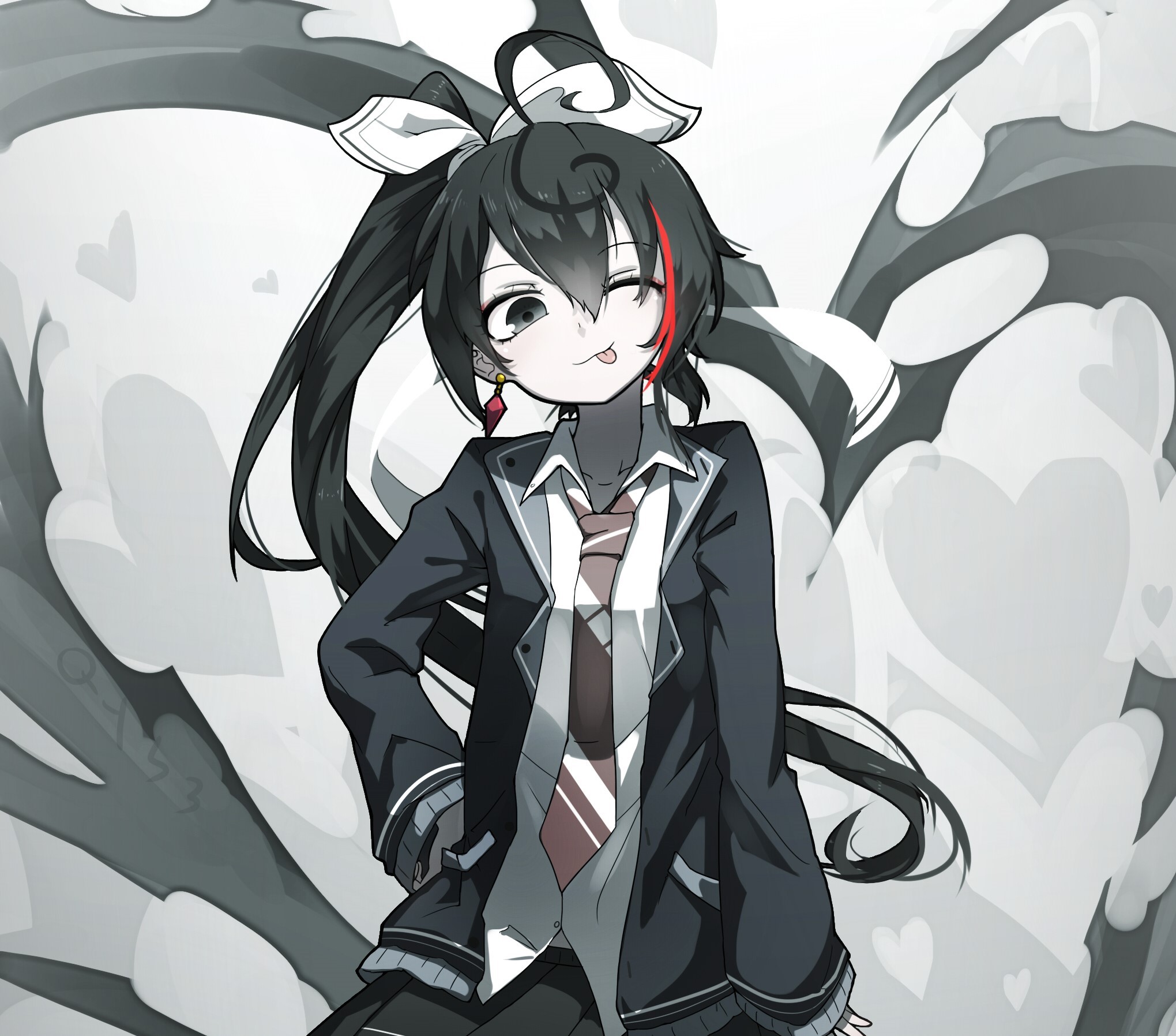 anime, anime girls, tongue out, tie, dark hair, dark eyes, HD Wallpaper