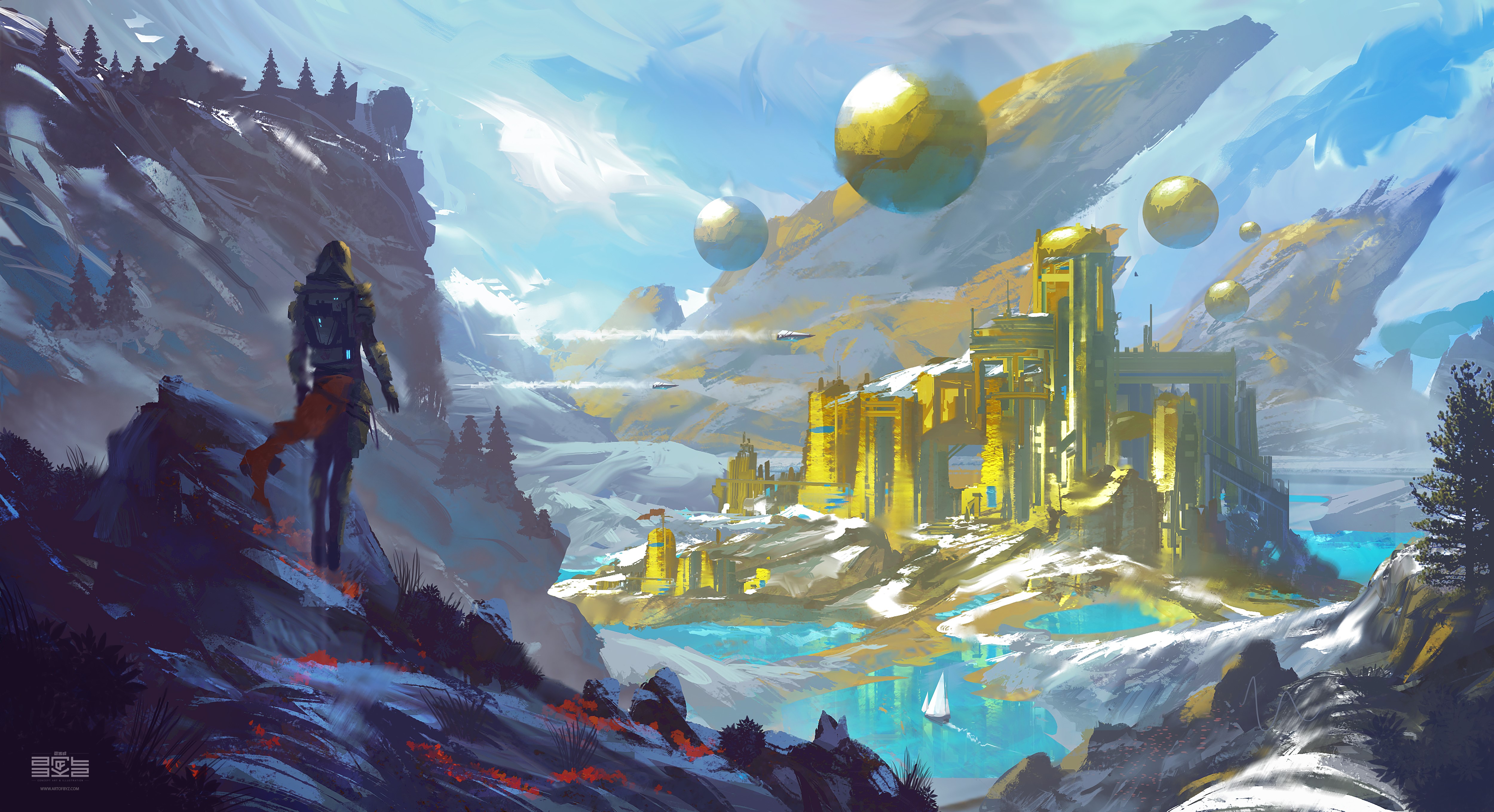 digital, digital art, artwork, fantasy art, drawing, painting, digital painting, paint brushes, landscape, snow, sky, sphere, nature, mountains, temple, water, spaceship, futuristic, trees, clouds, silhouette, outdoors, environment, HD Wallpaper