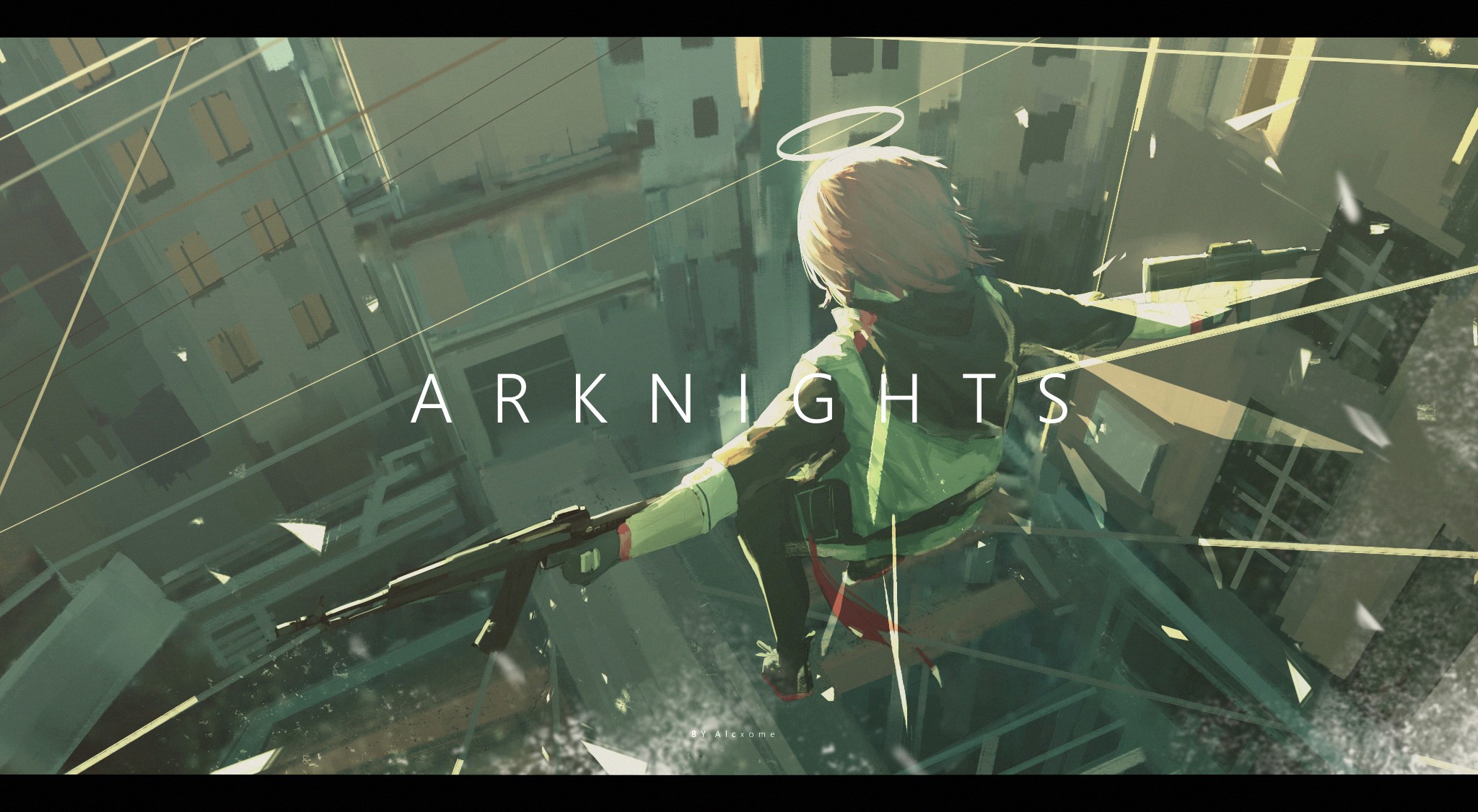 anime, digital art, artwork, Arknights, short hair, weapon, city, AK-47, Alcxome, Exusiai (Arknights), HD Wallpaper