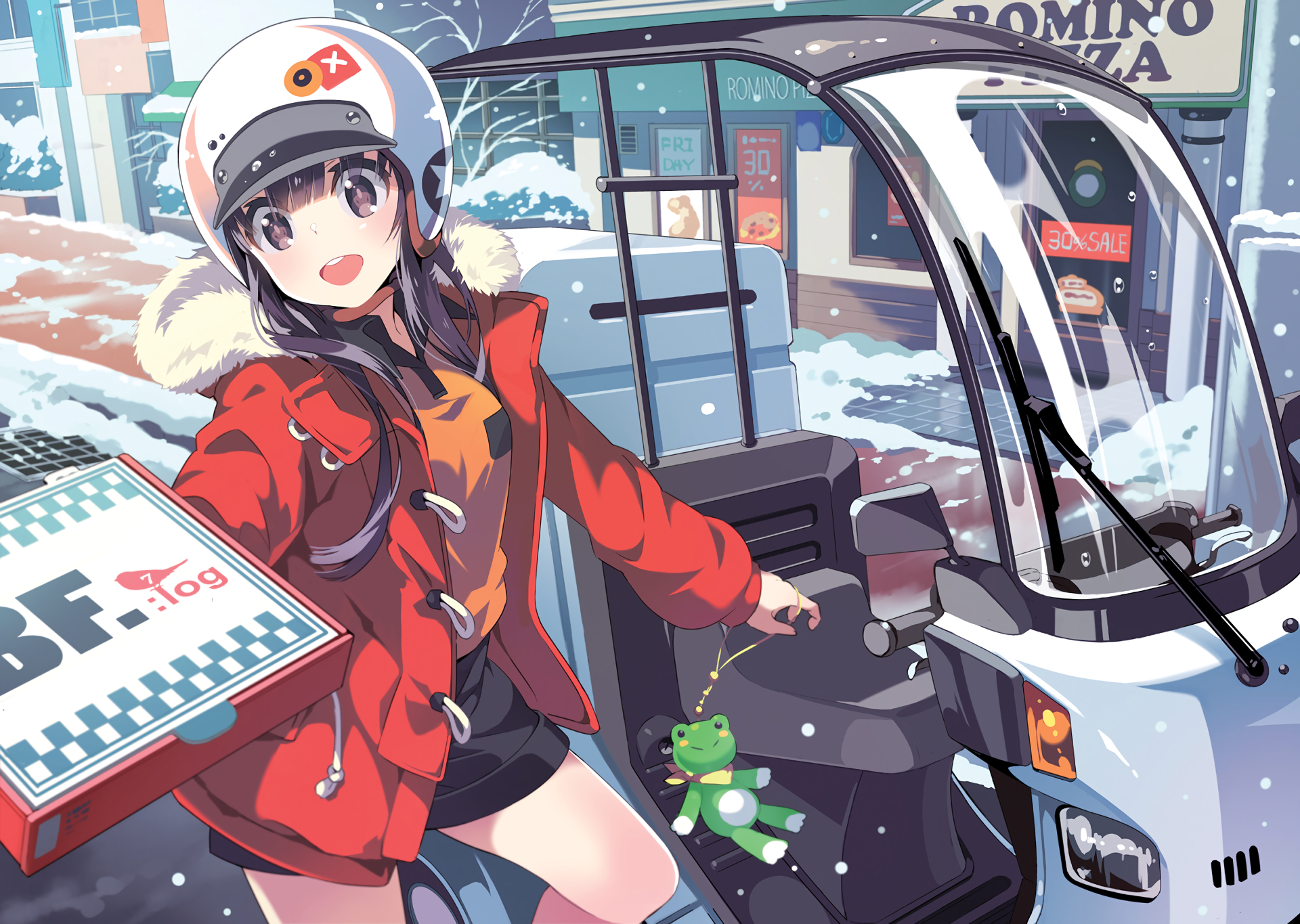 anime girls, anime, helmet, vehicle, open mouth, brown eyes, city, snow, HD Wallpaper