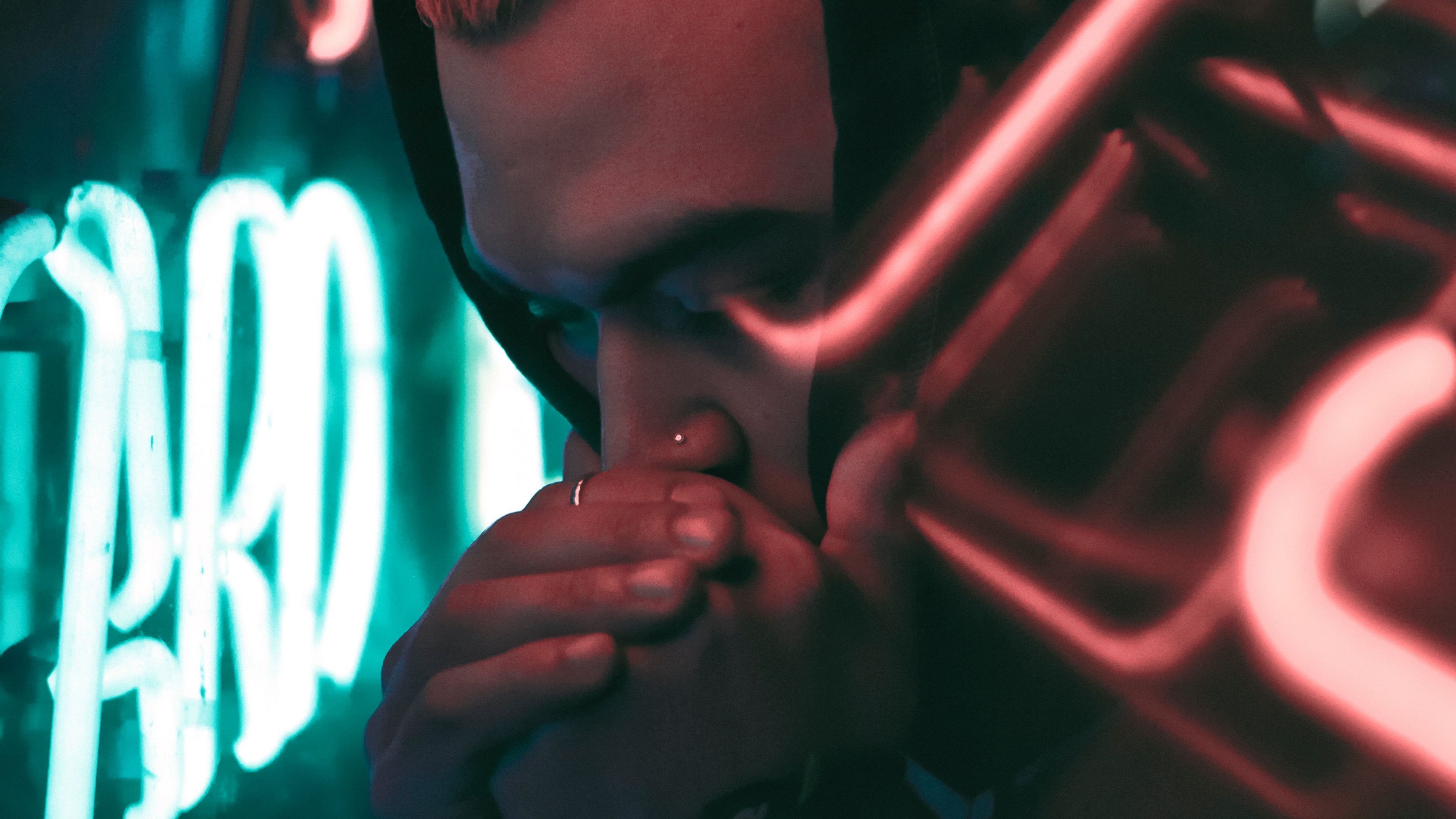 face, neon, hood, piercing, man, 4k, HD Wallpaper