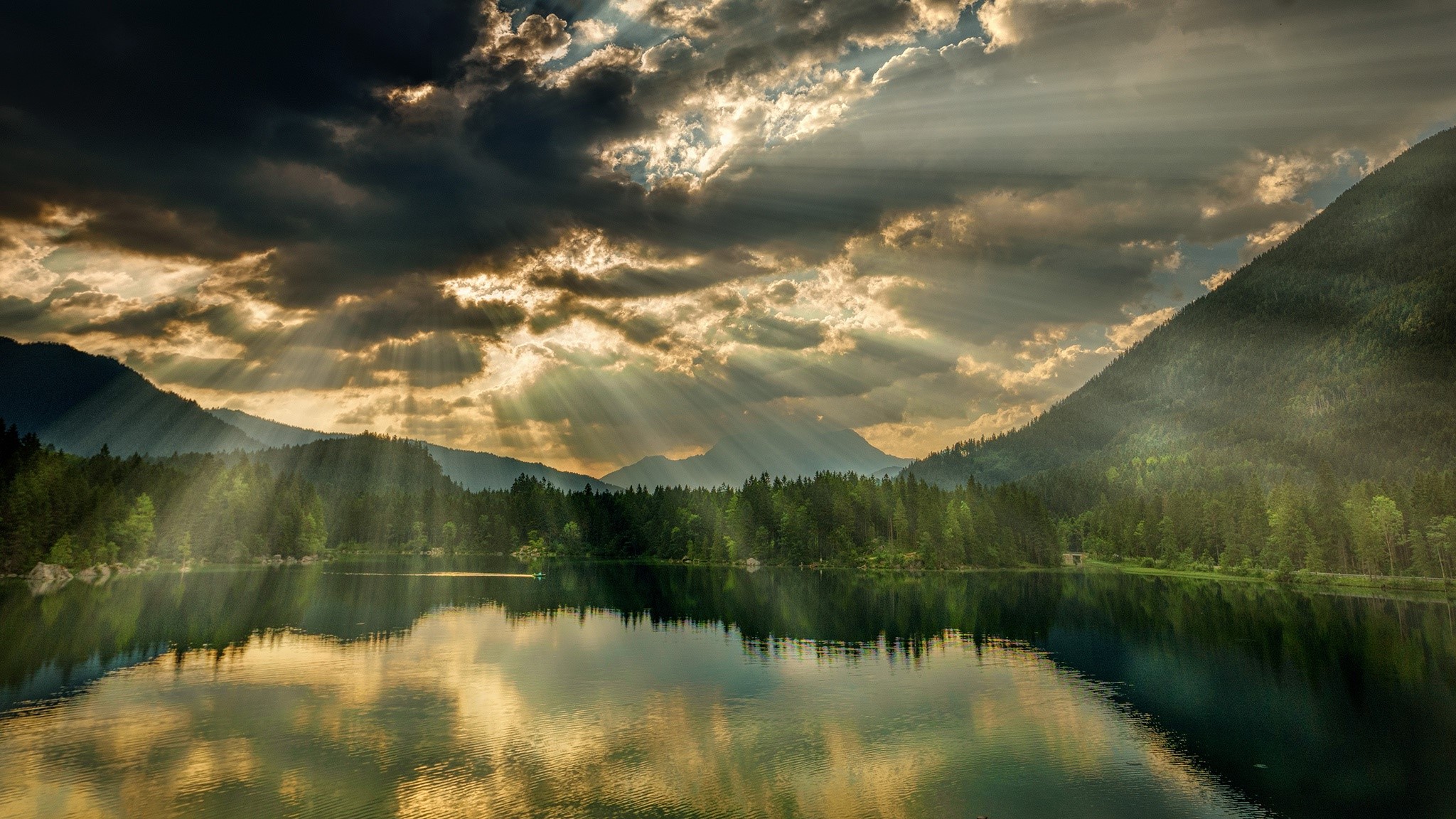 sun rays, nature, landscape, water, reflection, clouds, HD Wallpaper