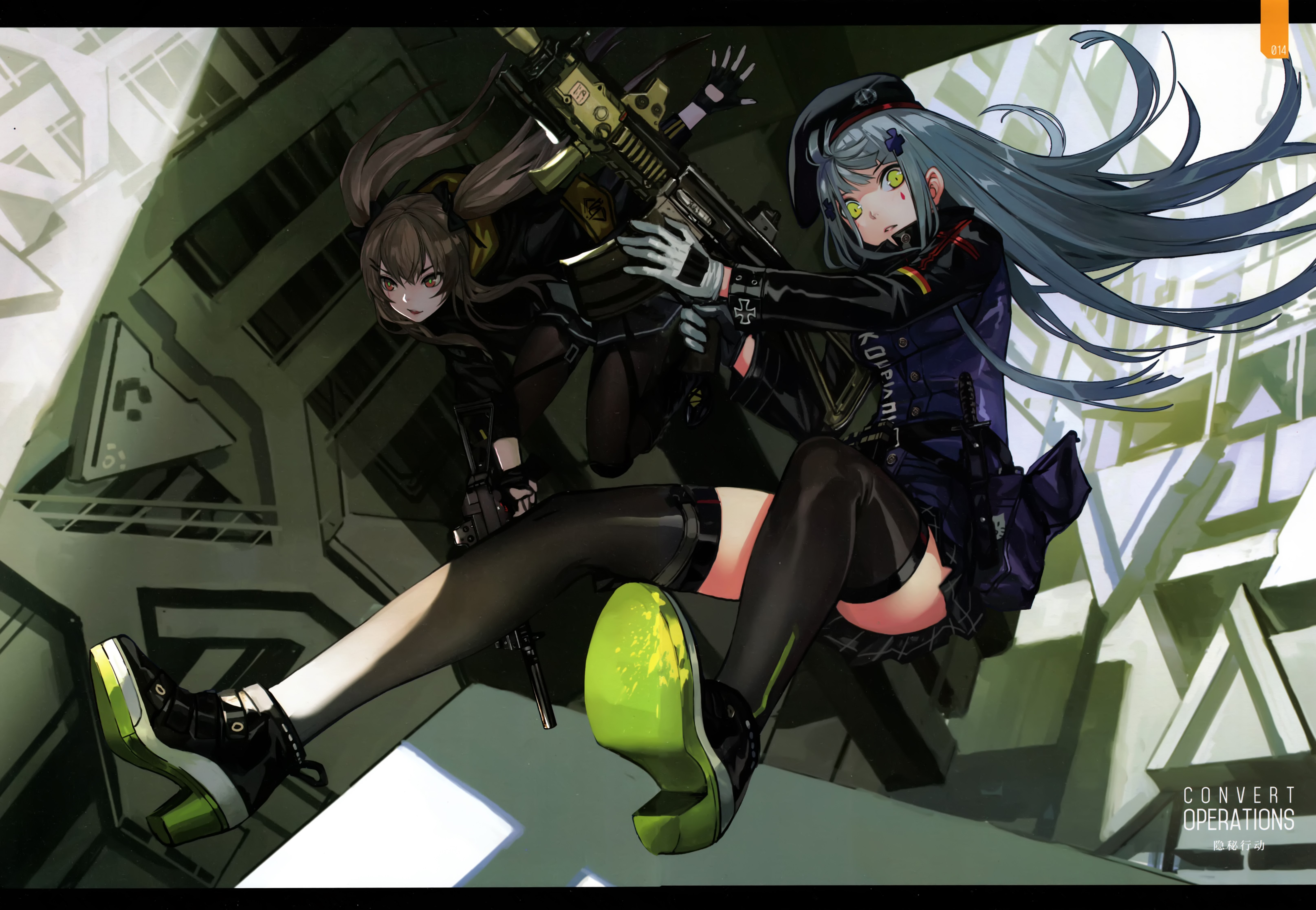 portrait display, digital art, artwork, anime girls, anime, portrait, long hair, HK416 (Girls Frontline), HK416 (Girls Frontline), UMP9 (Girls Frontline), socks, open mouth, ponytail, brunette, weapon, gloves, HD Wallpaper