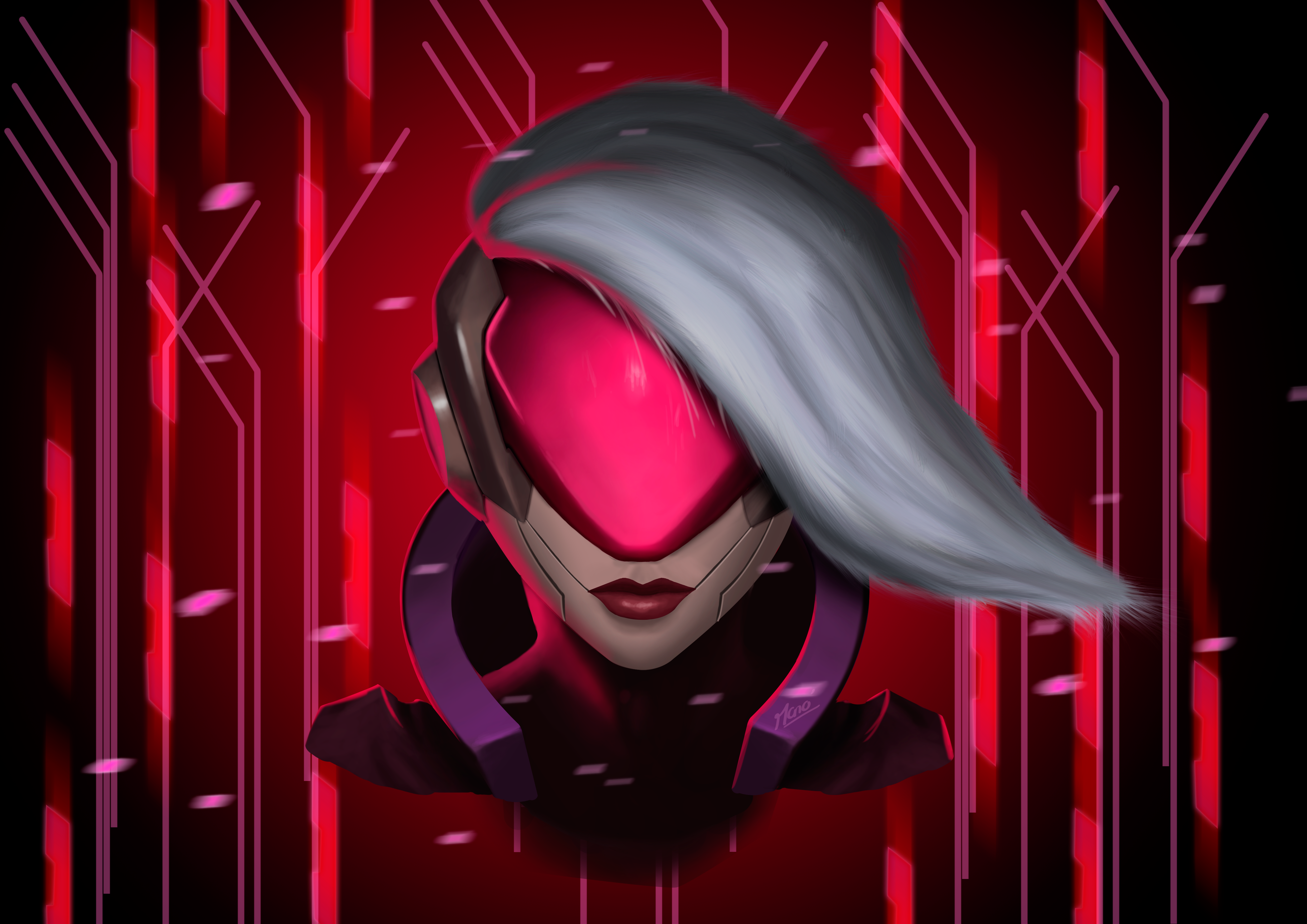 digital, digital art, artwork, red, red background, futuristic, women, video game art, video game characters, game art, video games, League of Legends, Katarina, katarina (league of legends), long hair, white hair, portrait, drawing, digital painting, HD Wallpaper
