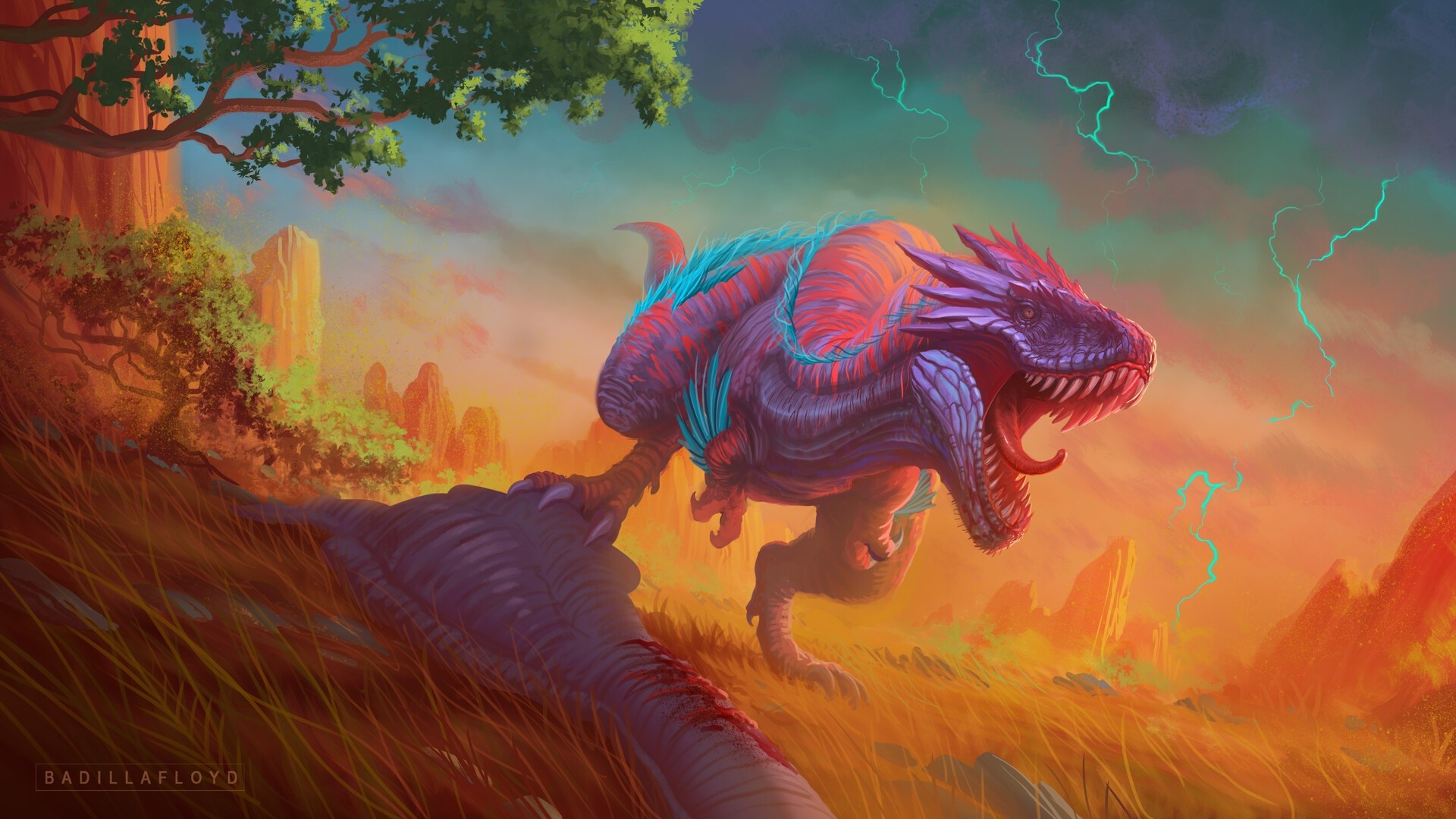 artwork, creature, dinosaurs, animals, colorful, Francisco Badilla, HD Wallpaper