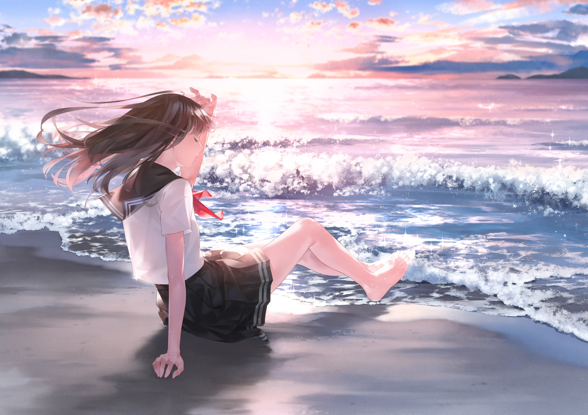 anime, shore, sitting, schoolgirl, waves, water, sparkle, HD Wallpaper