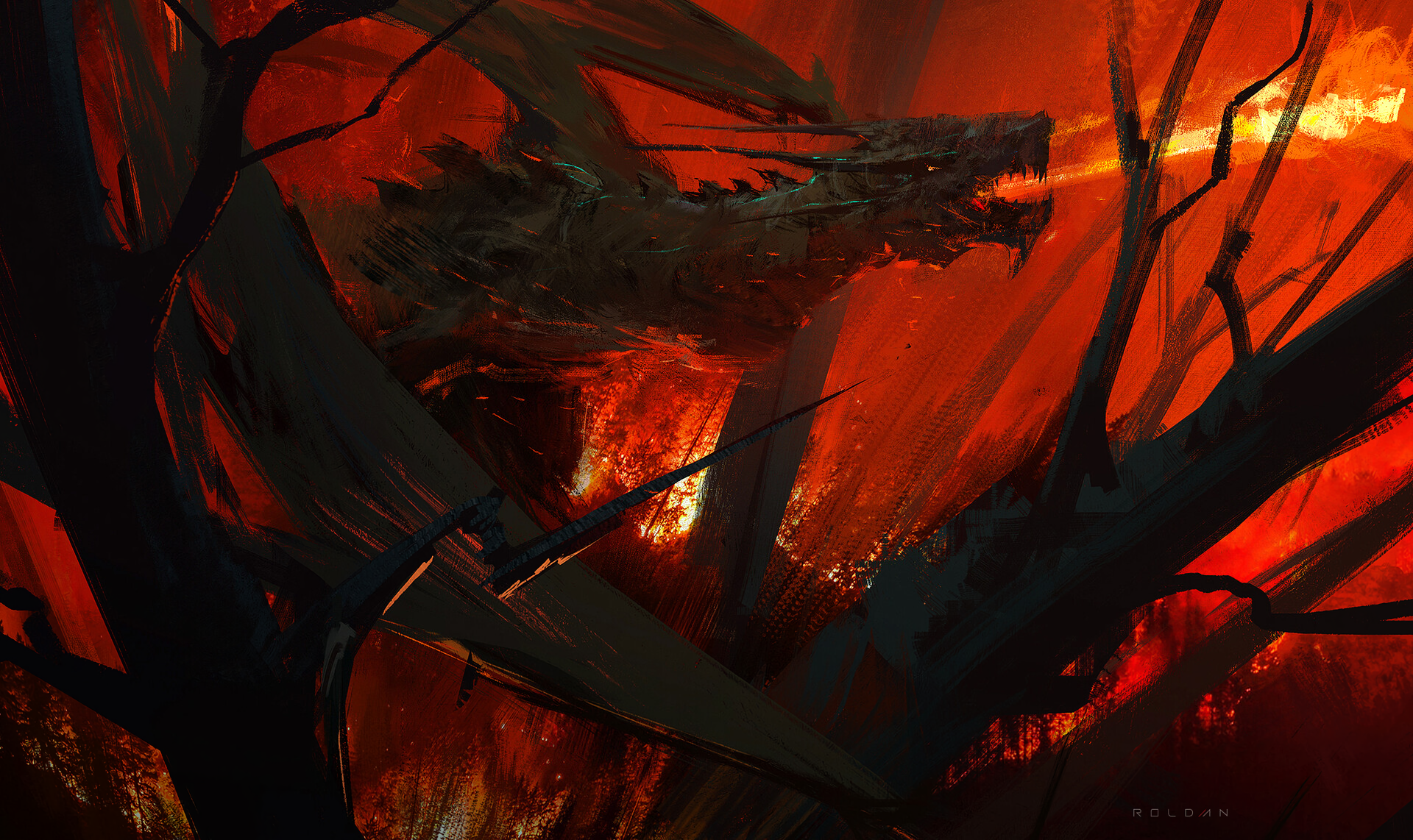 artwork, digital art, painting, illustration, dragon, red, trees, fire, creature, fictional creatures, HD Wallpaper